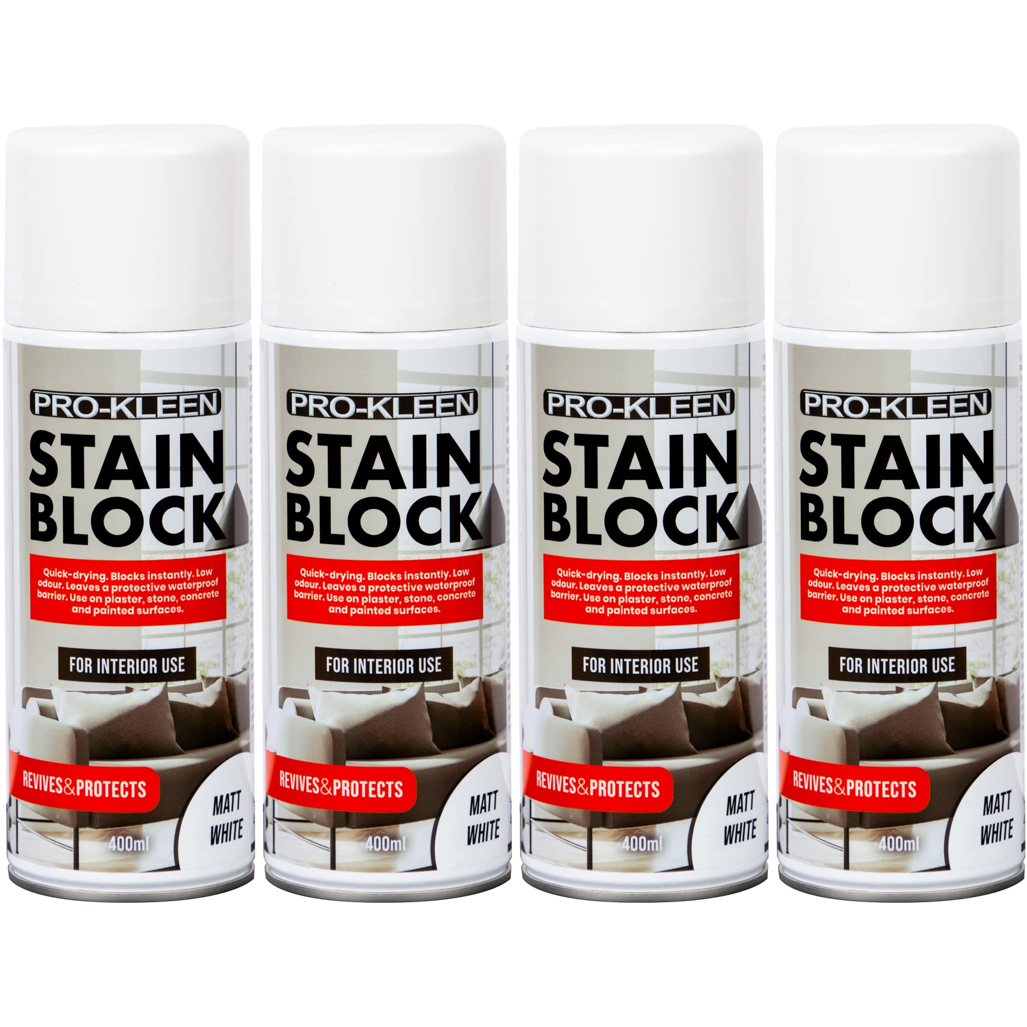 Pro-Kleen Stain Block Spray Paint Primer - Covers Mould, Grease, Nicotine & Rust Stains - For Walls & Ceilings - Leaves a Waterproof Barrier (2 x 400ml)