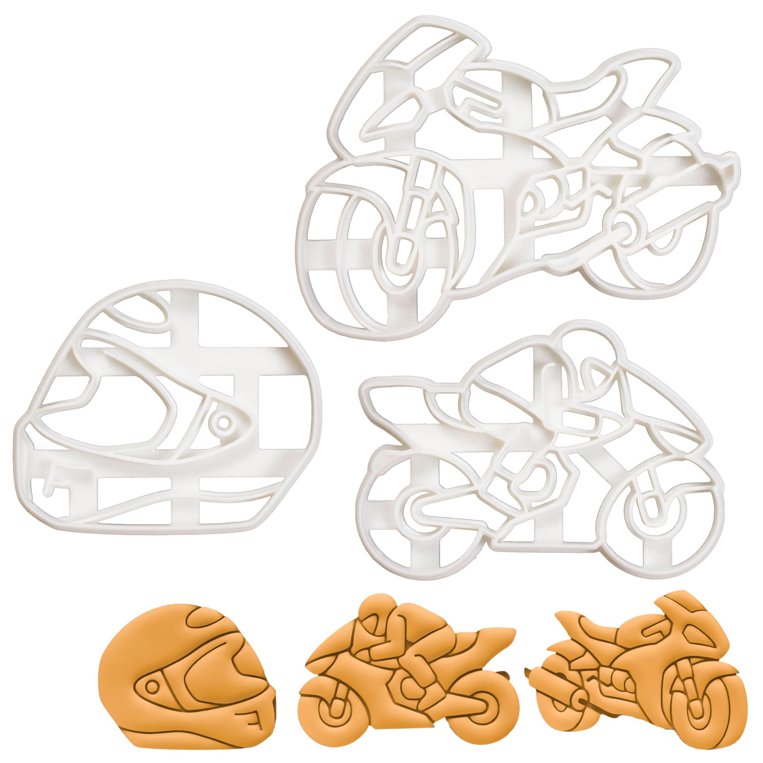 Bakerlogy Emporte-pièce Moto (3 pièces) - Casque, Cavalier, Motocyclette - Blanc - 3D Imprimé - Compatible Lave-vaisselle