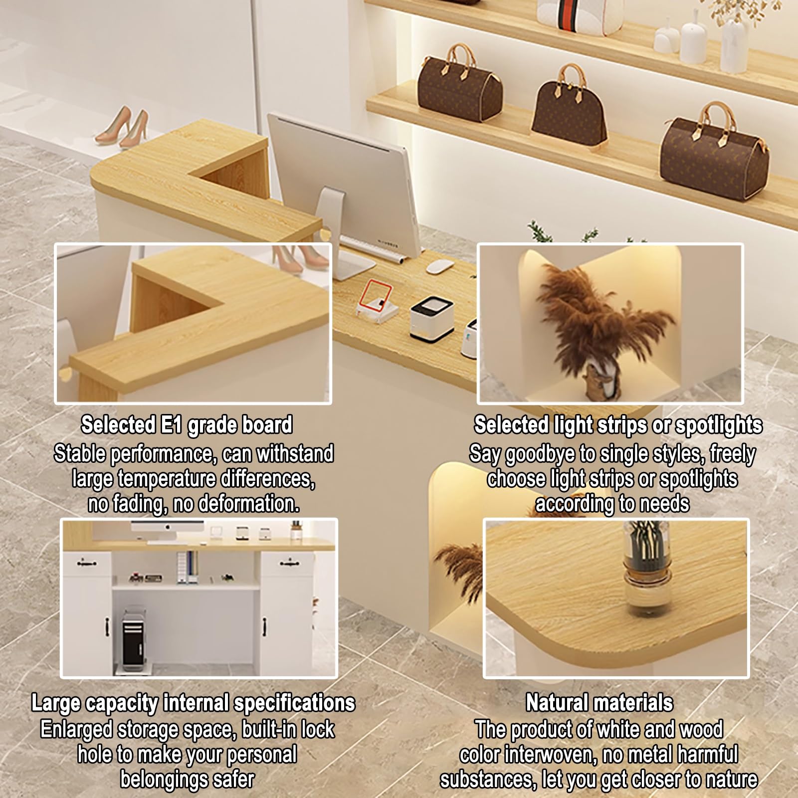 Scrivania per ricevimenti a forma di L con cassetti bloccabili, bancone da bar per consultazioni, ideale per piccoli spazi, uffici, minimarket, soluzione elegante e funzionale per spazi di lavoro