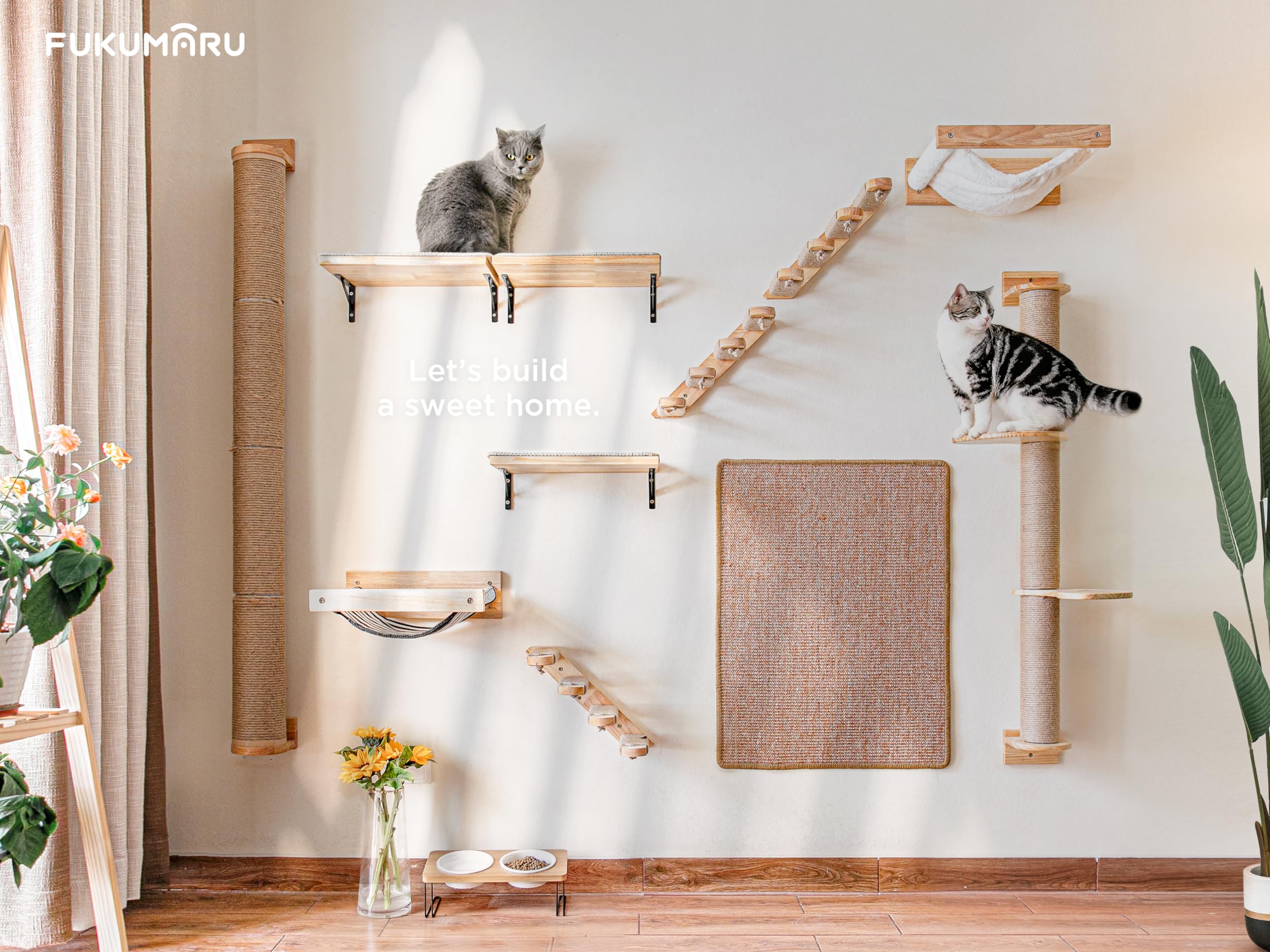 FUKUMARU Parete da Arrampicata per Gatti, 4 Scale e Gradini da Parete per Gatti, Scaletta in Legno Massiccio di Gomma,Con Corda di Iuta per Graffiare per Gatti Fino a 15 kg. da Destra a Sinistra.