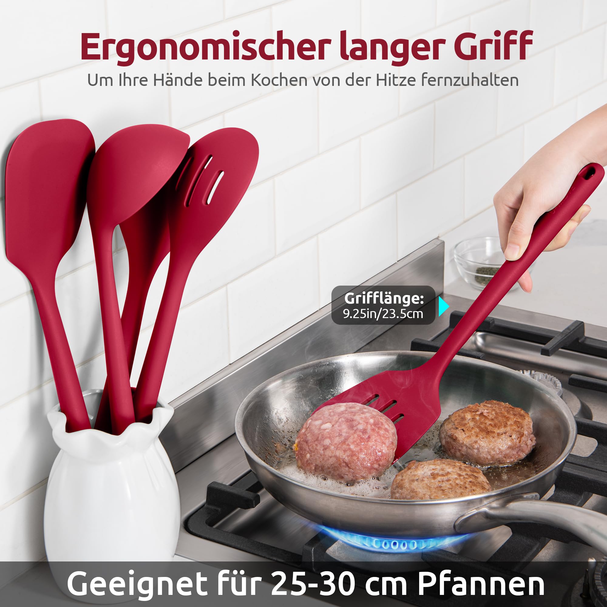 U-Taste 5 Stück Silikon Küchenhelfer, 315℃ hitzebeständiger, Rot | Kochutensilien, antihaftbeschichtetes Pfannenwender Löffel zum Mischen Servieren Braten Rühren