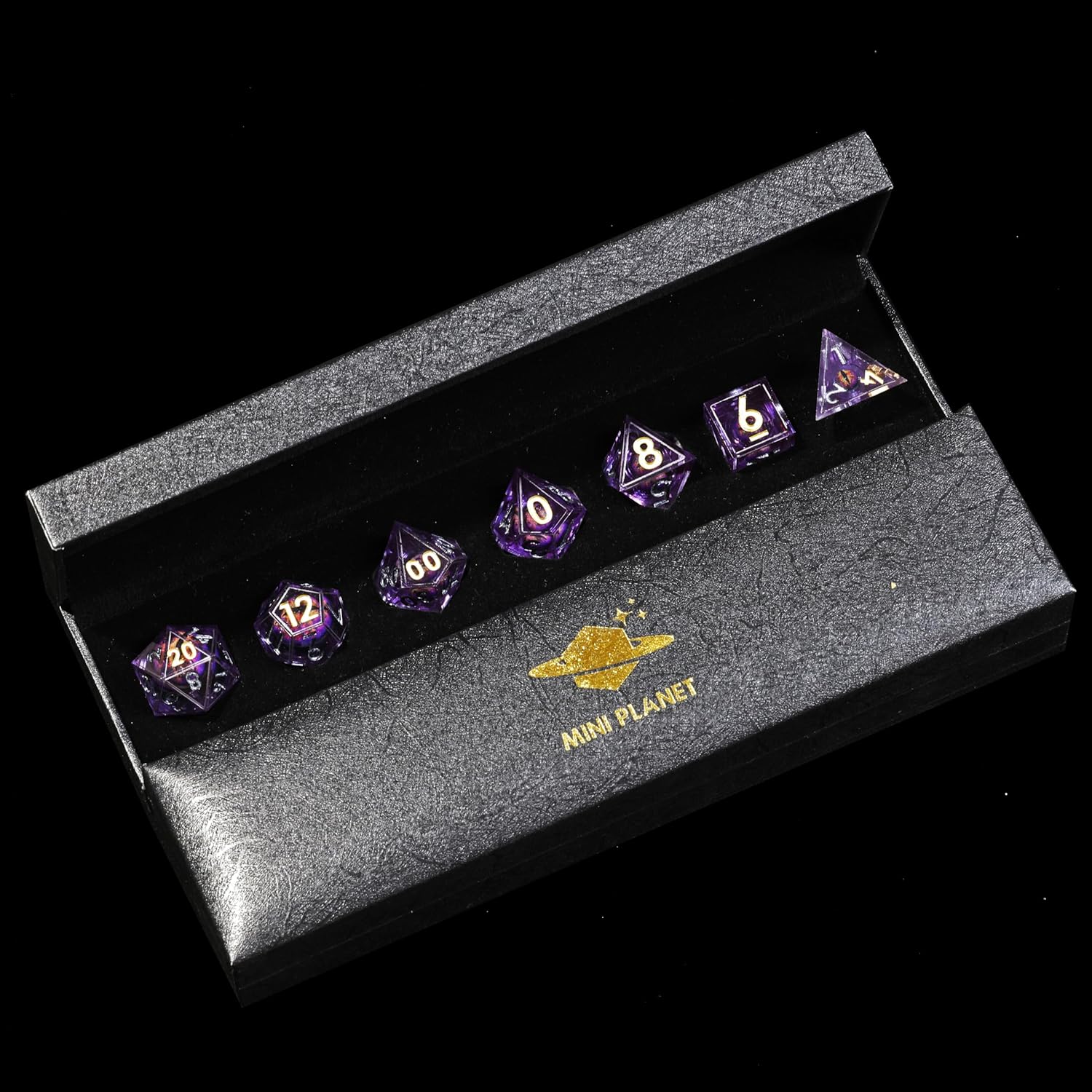 Mini Planet Liquid Core MTG TTRPG DND Sharp Edge 7Pcs Resin Polyhedral Dice Set for Dungeons and Dragons Handmade