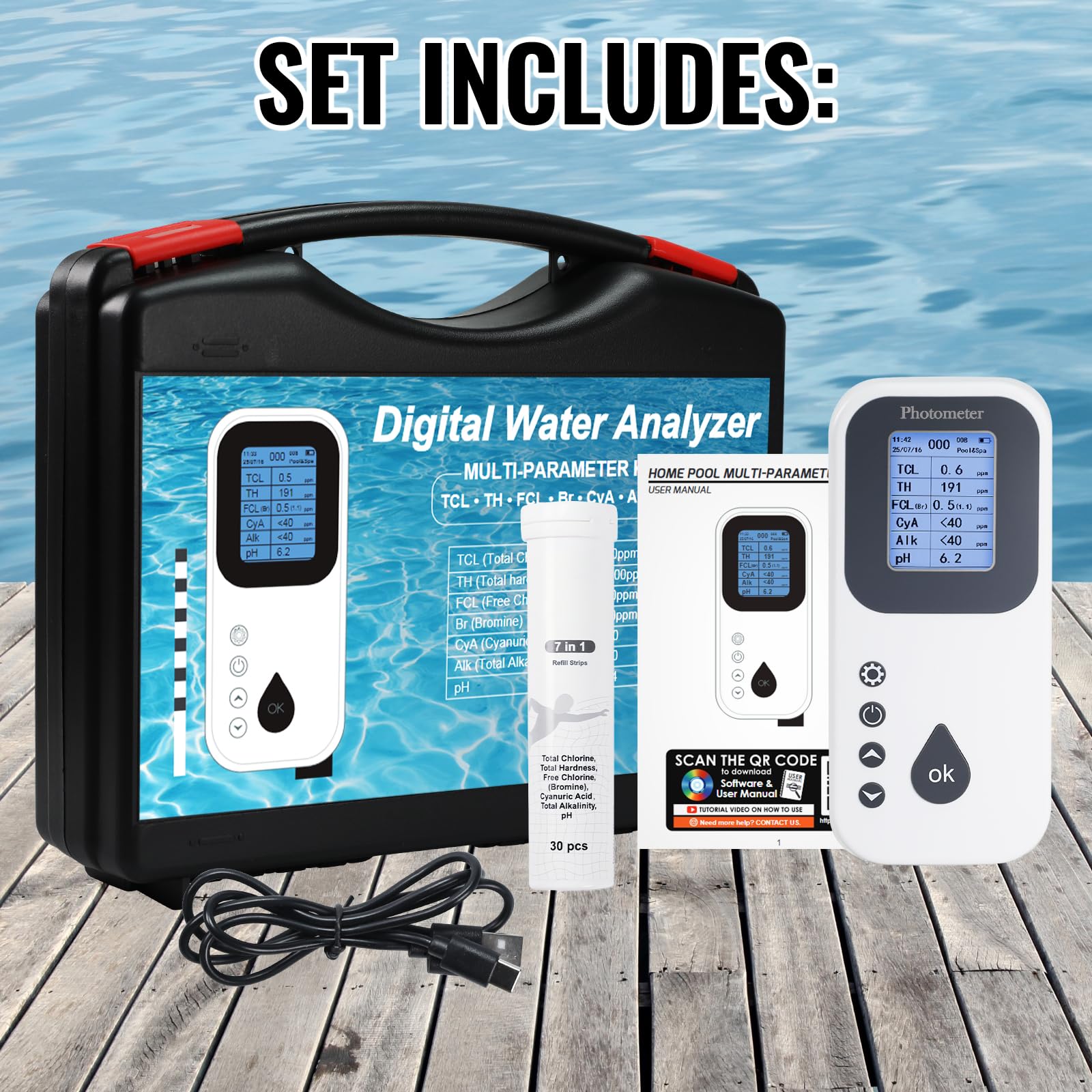 Kit di test digitale 7 in 1 per piscina: misura pH, cloro libero/totale, bromo, alcalinità, durezza, acido cianurico con display LCD e registratore per piscine, spa, idromassaggio