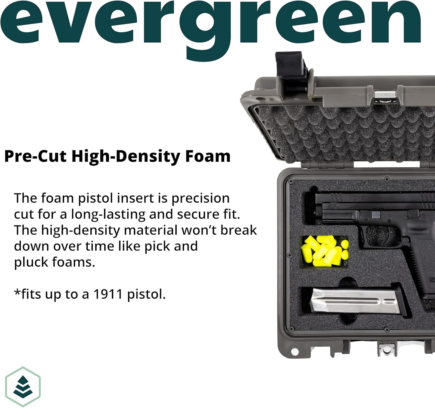 Evergreen Single Pistol Case - USA Made Mil Spec Single Pistol w/Magazine storage capacity case - Best hard protective case for home storage and secure travel