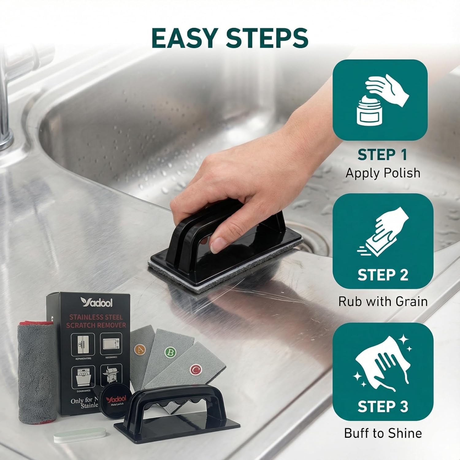 Stainless Steel Scratch Remover Kit for Sink Scratch Repair & Polish, Non-Coated Stainless Steel Only, Reduces Scratches, Scuffs & Rust, Restores Brushed Finish