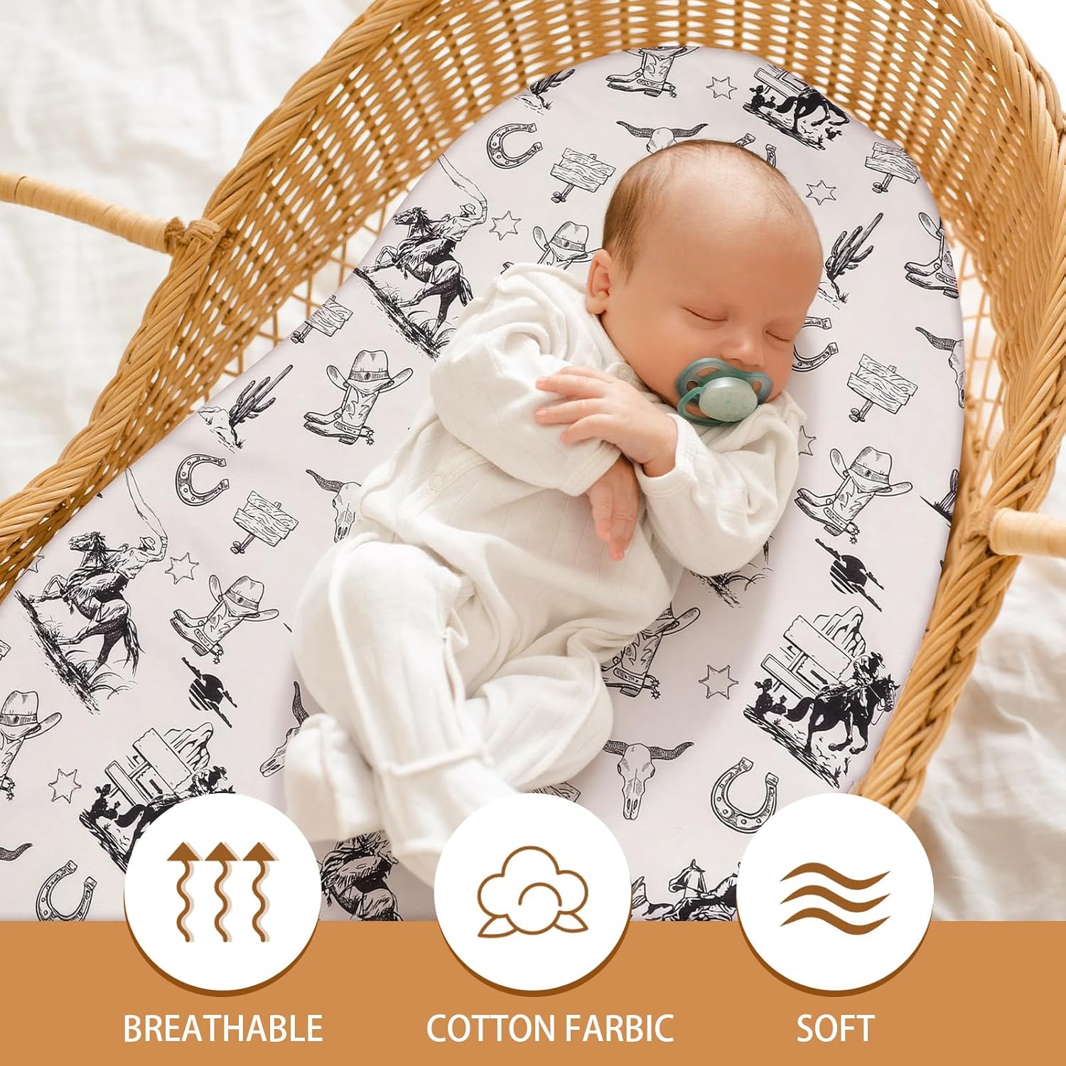 VitalCozy 4 Pcs Vintage Western Cowboy Bassinet Sheets Set 32 x 16 x 3 Inches Sheets for Standard Bed Toddler Mattresses Soft Breathable Cute Print Newborn Bedding for Girl Boys