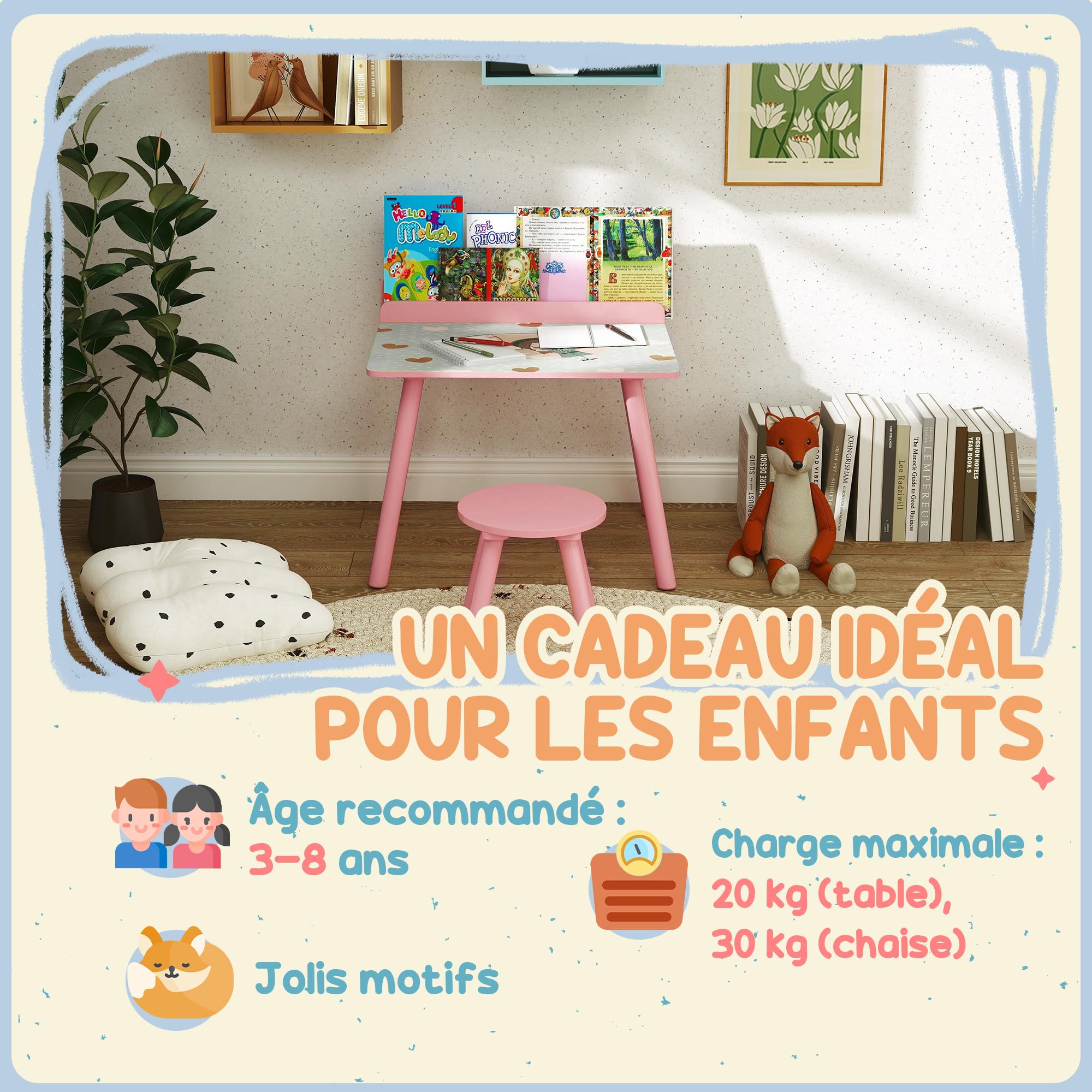 AIYAPLAY Ensemble Table et Chaise Enfant Table pour Enfant avec Chaise avec Porte-Livres Motifs d'ours pour Enfants 3-8 Ans pour Chambre à Coucher, Salon, Salle de Classe, Rose