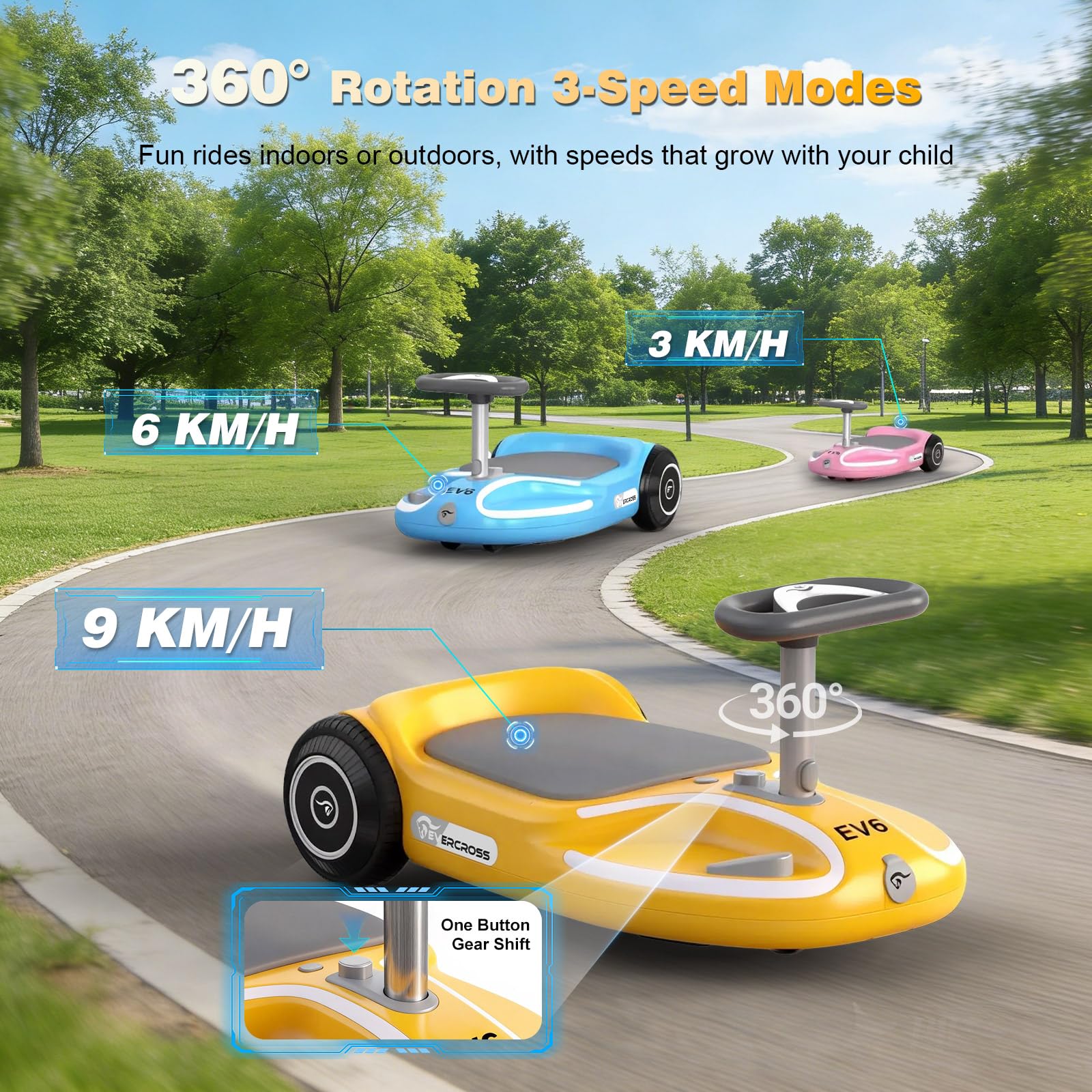 EVERCROSS EV6 Macchina Elettrica per Bambini, 4-in-1 Ricaricabile Auto Elettrica, 3 Velocità, Motore Brushless 90W, Anti-Ribaltamento, Luci LED & Bluetooth, Monopattino Pieghevole con Sterzo 360°