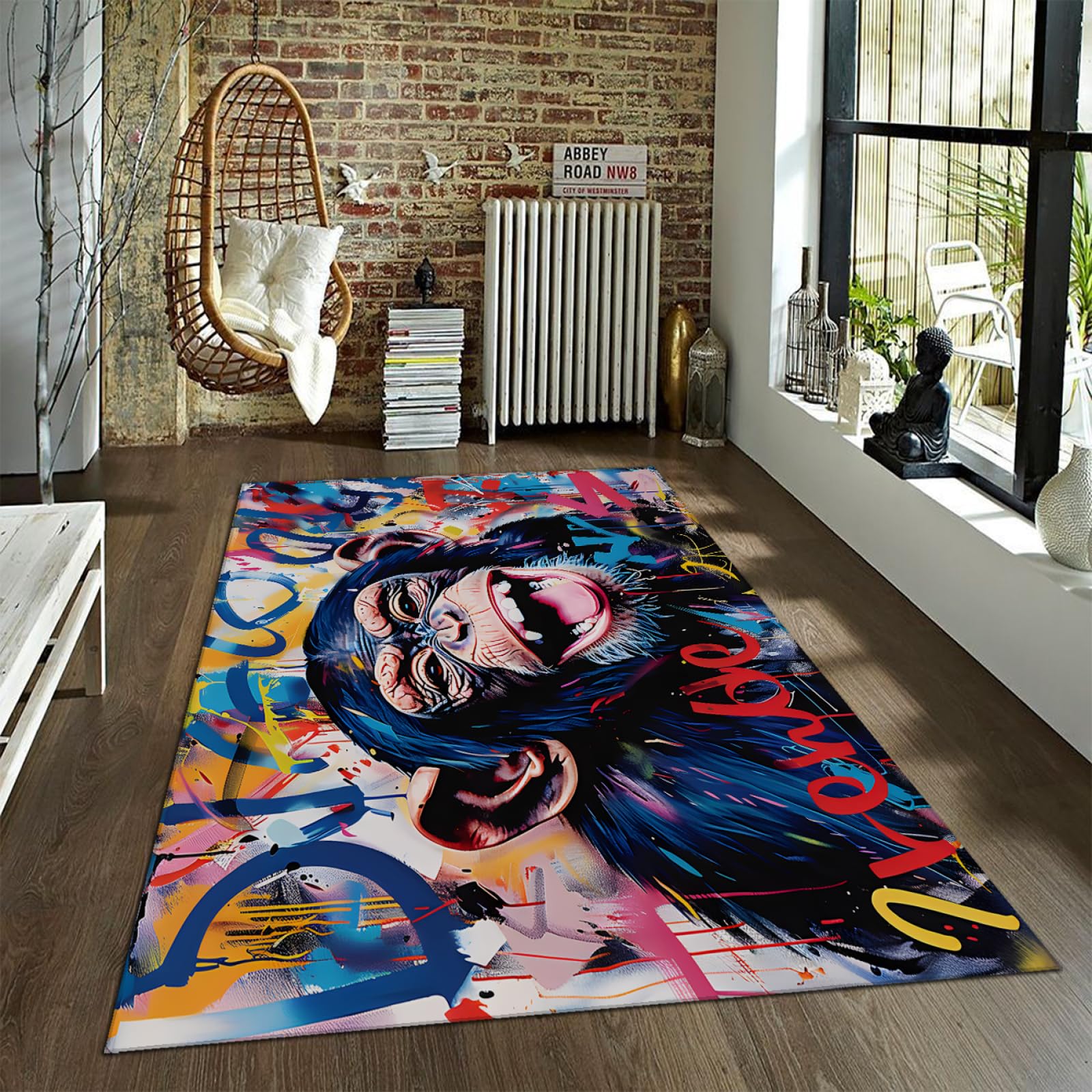 Tapis Salon Graffiti Gorille Et Chimpanzé - 80x150 Cm, Poil Ras Antidérapant - Décoration Intérieure Fun