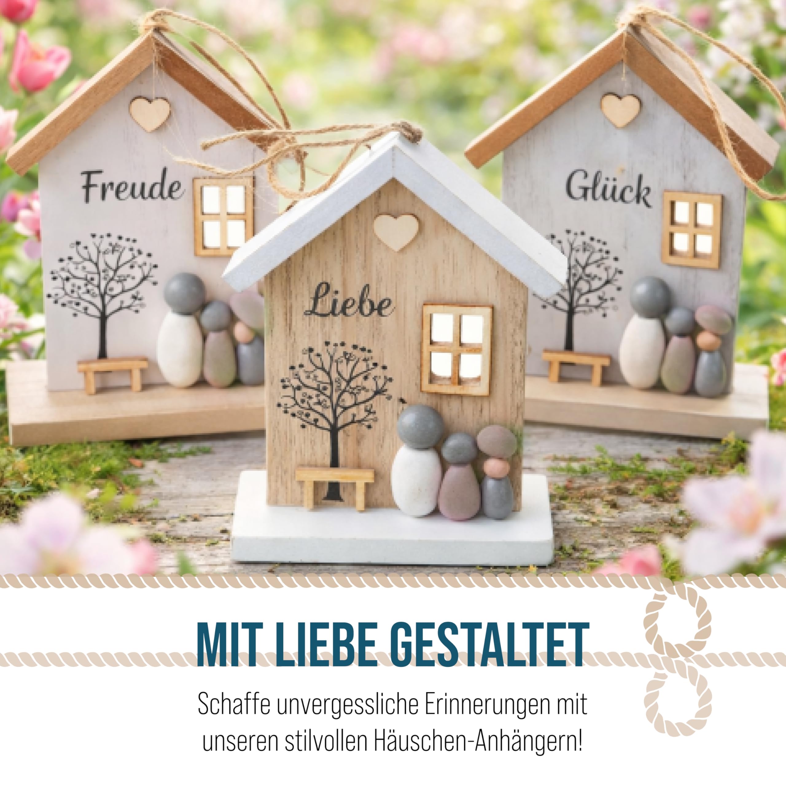 Maisons en Bois à Suspendre, 3 pièces: pendentifs décoratifs Maison, étiquettes Cadeau décoration Printemps, déco à accrocher sur Branches, Suspension Printemps, Amour Bonheur Joie, 16,5 x 10 cm