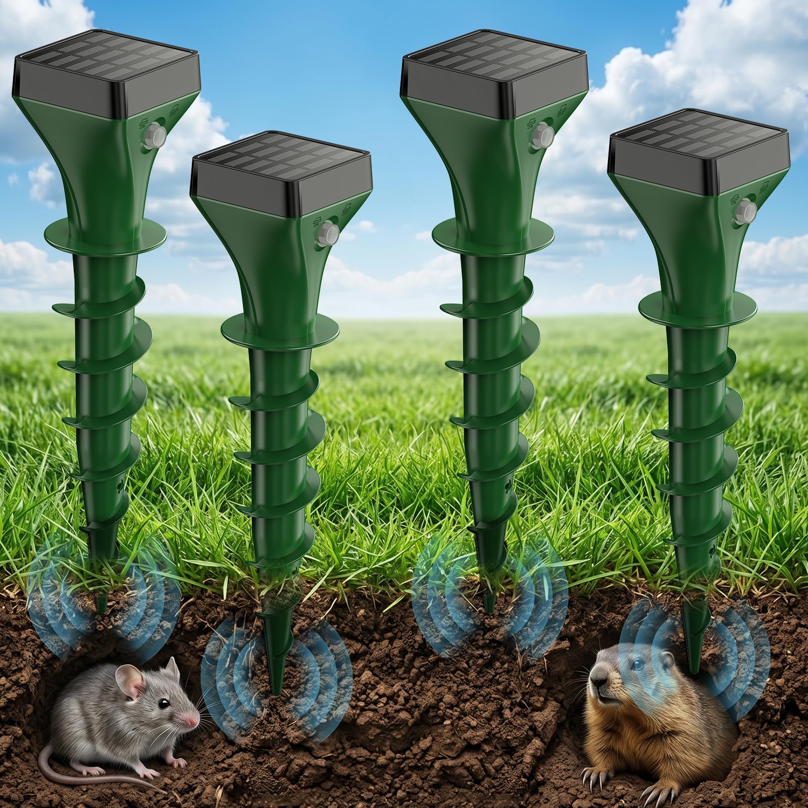 Keero Dissuasori per Talpe 4 Pezzi, Dissuasori per Topi, Repellente per Talpe, Ultrasuoni per Talpe, Dissuasori per Serpenti, Dissuasore Solare per Giardino e Campeggioi-Verde