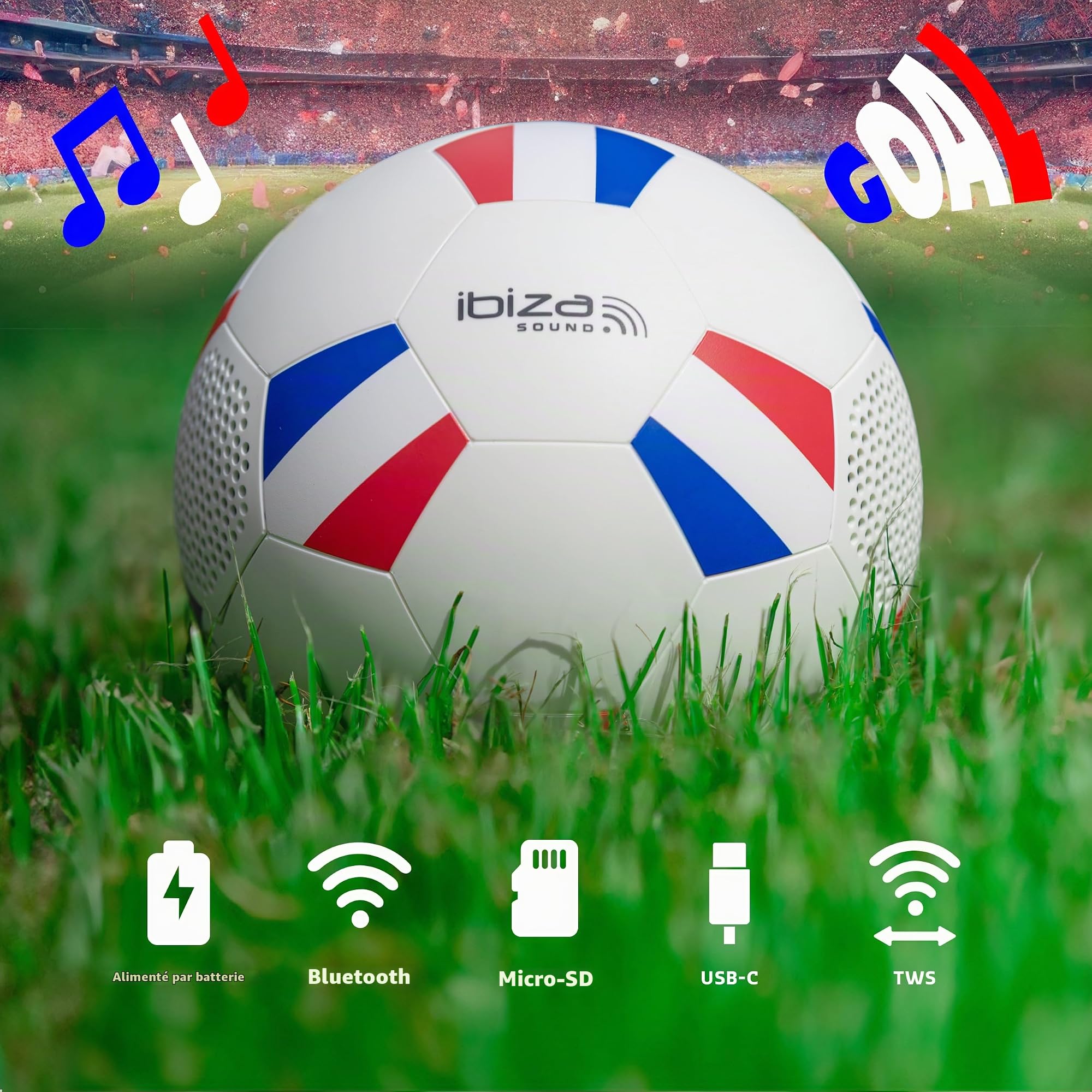 Ibiza - FOOTBALL-SOUND - Baffle, enceinte puissant sur batterie rechargeable - Bluetooth, Micro-SD - TWS - Forme de balle de football aux couleurs de la France - JO, Coupe du monde, foot