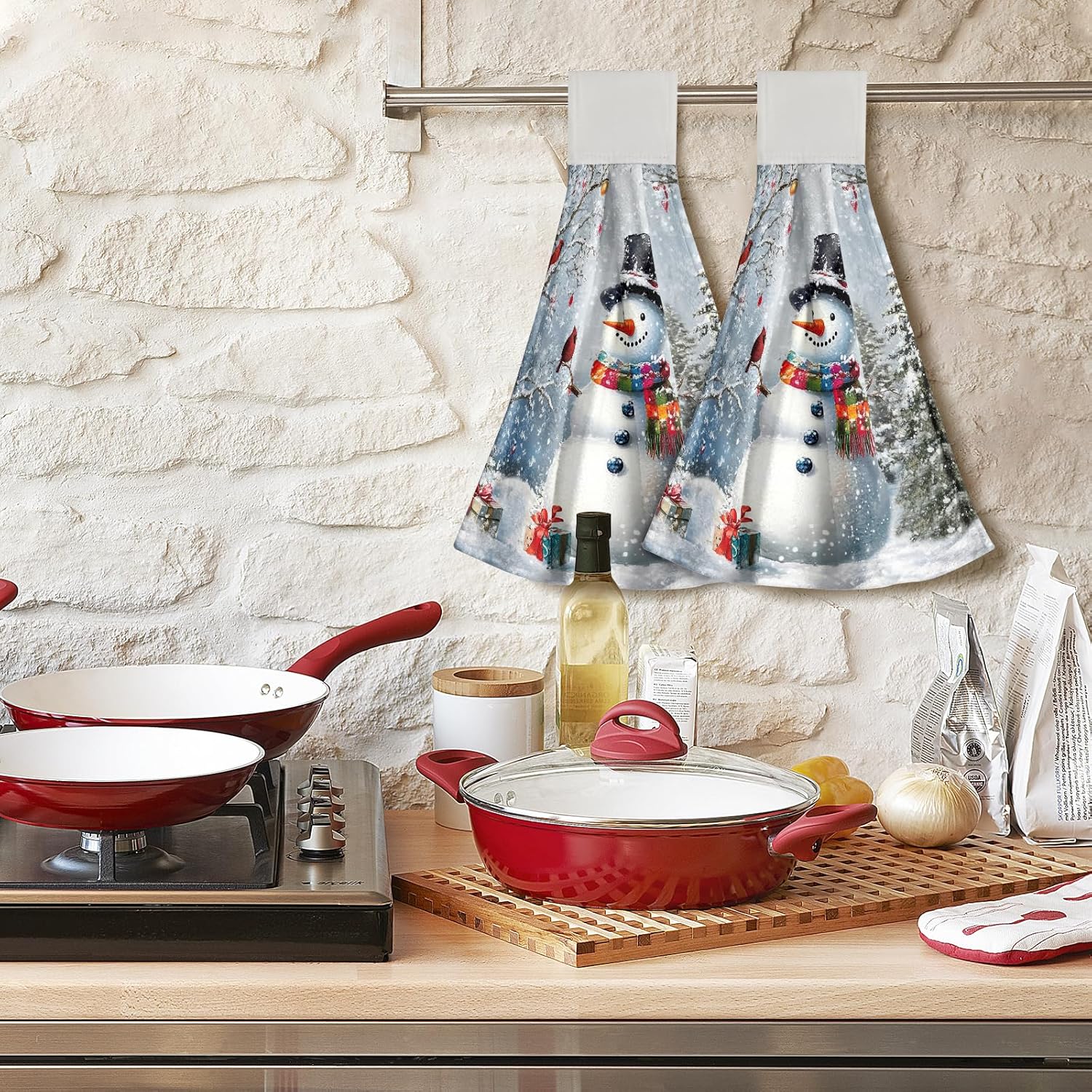 Giwawa 2PCs Snowman Kitchen Hanging Towel Christmas Winter Snow Trees Hand Tie With Loop & Hook - Xmas Present Soft Absorbent Dish Tea Bar Washcloth for Bathroom Laundry Room Tabletop Decor - Image 7