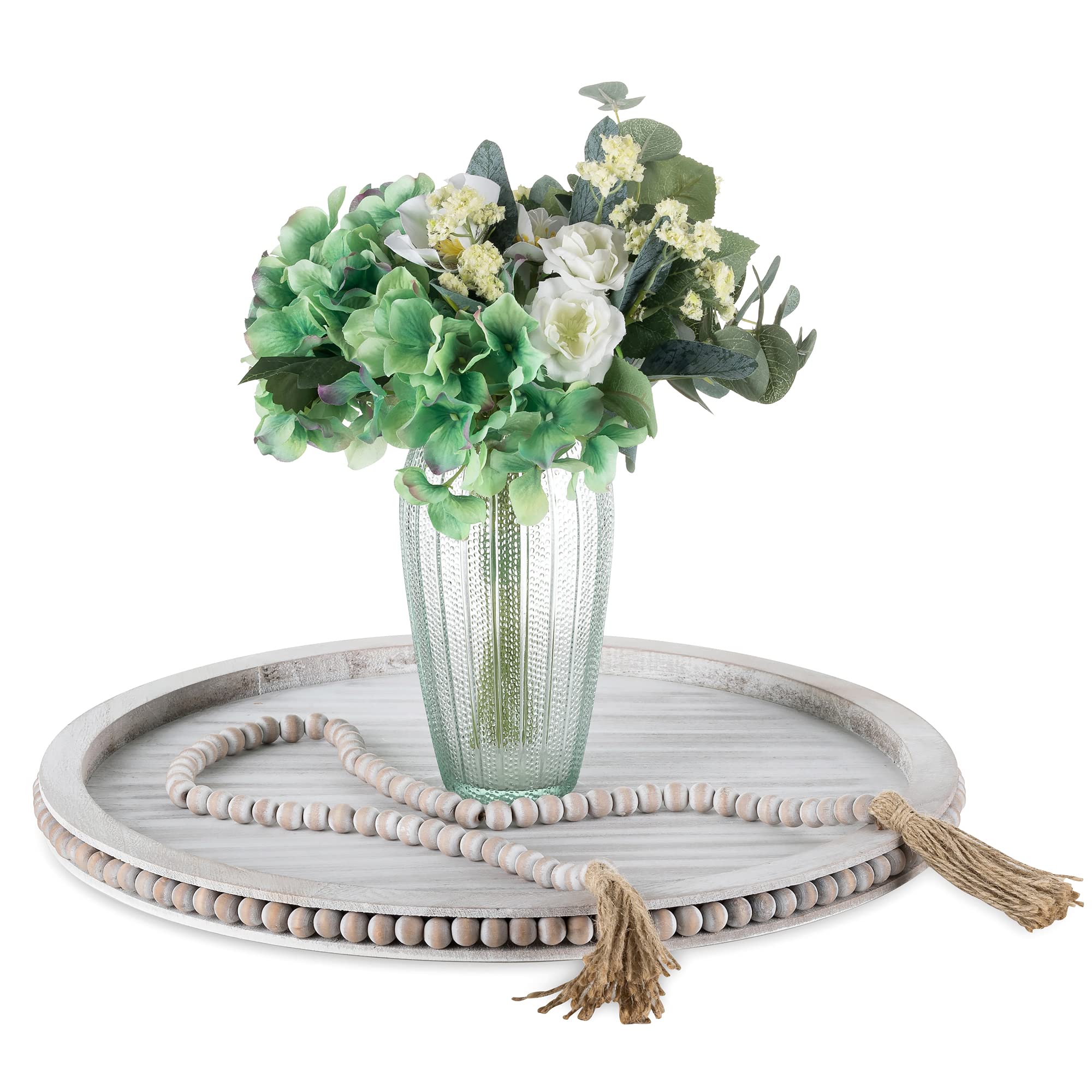 Photo 1 of Hanobe Large Round Decorative Beaded Tray: Wood Coffee Table Tray with Beaded Garland Decor Set Rustic White Washed Circle Wooden Farmhouse Tray Decor for Counter Ottoman Centerpiece Candle Holder 45cm/17.7" Whitewashed