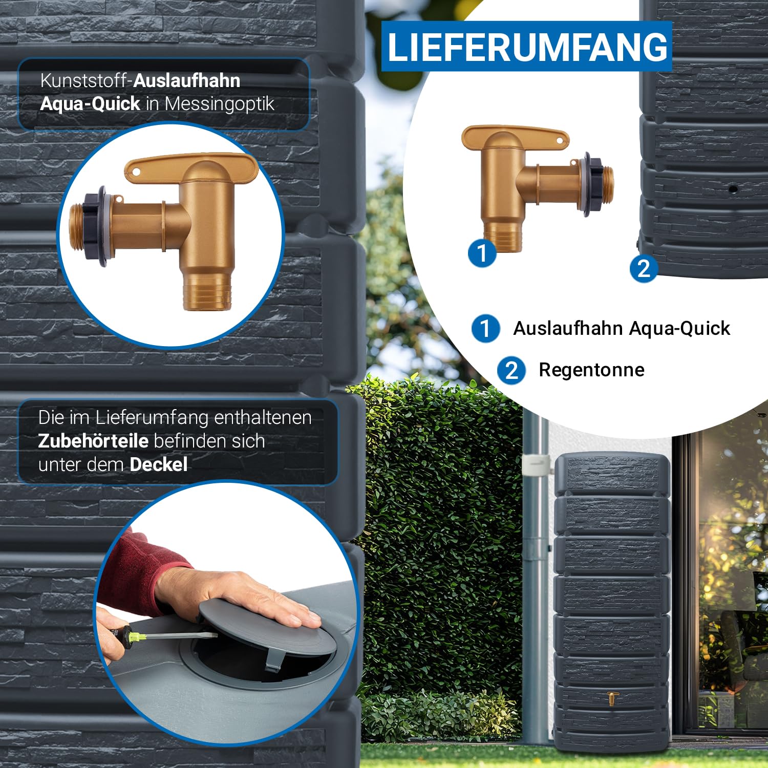 4rain Slim Stone Decor Regentonne Wandtank 500 Liter Graphite Grey - schmale Steinoptik für den Garten - Moderne Wasserentnahme mit Auslaufhahn - nachhaltige Aufstellung an der Hauswand mit Öffnung