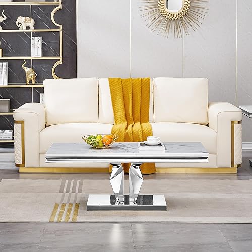Miniatura 42 de SSLine Mesa de Centro Rectangular de Mármol Sintético para Sala de Estar, Mesa Central Moderna de Mármol Blanco de Lujo con Base de Diamante Mesa de