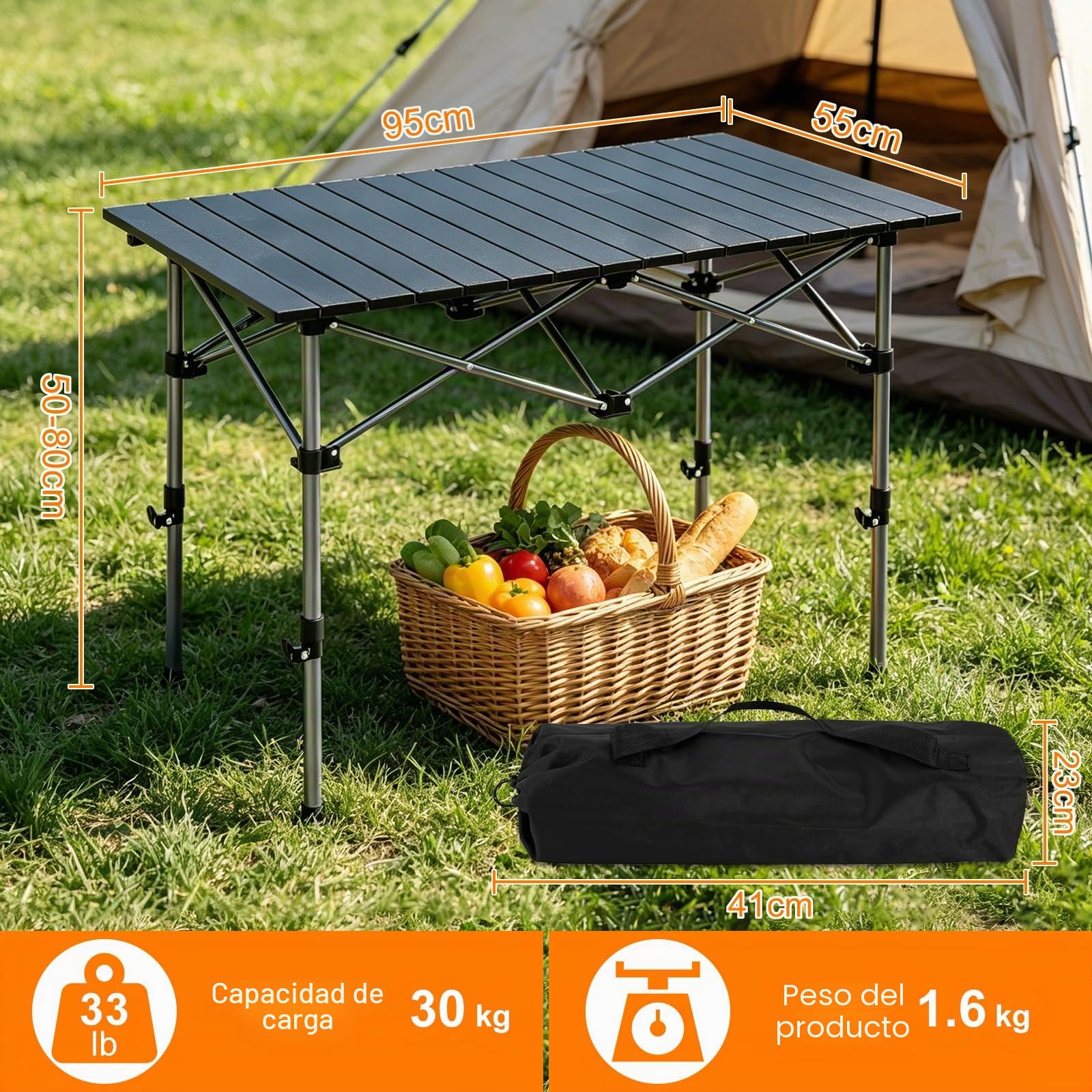 Mesa de Camping Plegable 95x55X (50-80) cm, Mesa Plegable 100KG Cargable Tablero Enrollable, Mesa Plegable Playa con Bolsa de Transporte para Acampar, Picnic, Barbacoa, Patio, Fiesta