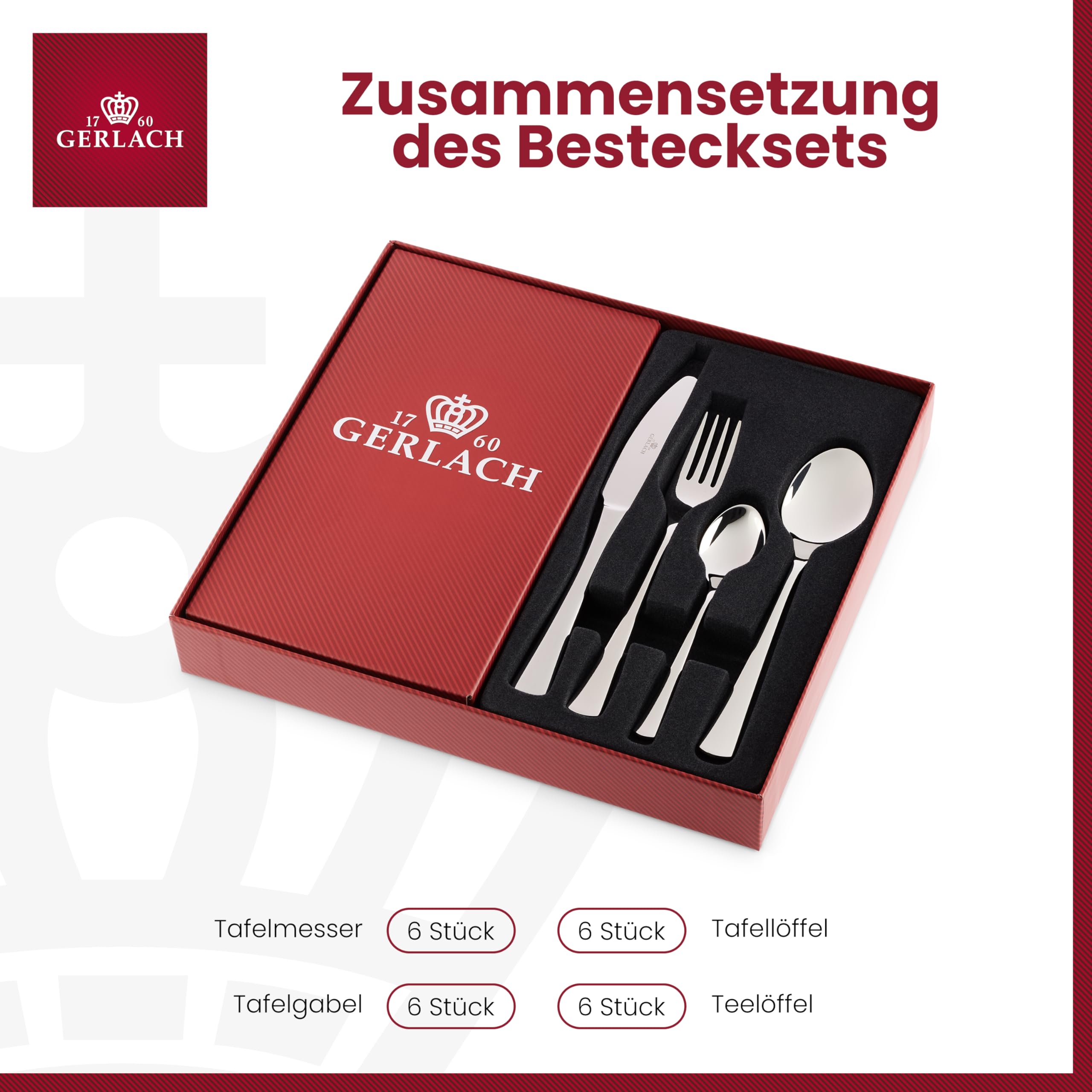 Gerlach 1760 Besteck Set 6 Personen - 24-teilig - Edelstahl 18/0 - Nickelfrei - Essbesteck Spülmaschinenfest - Tune