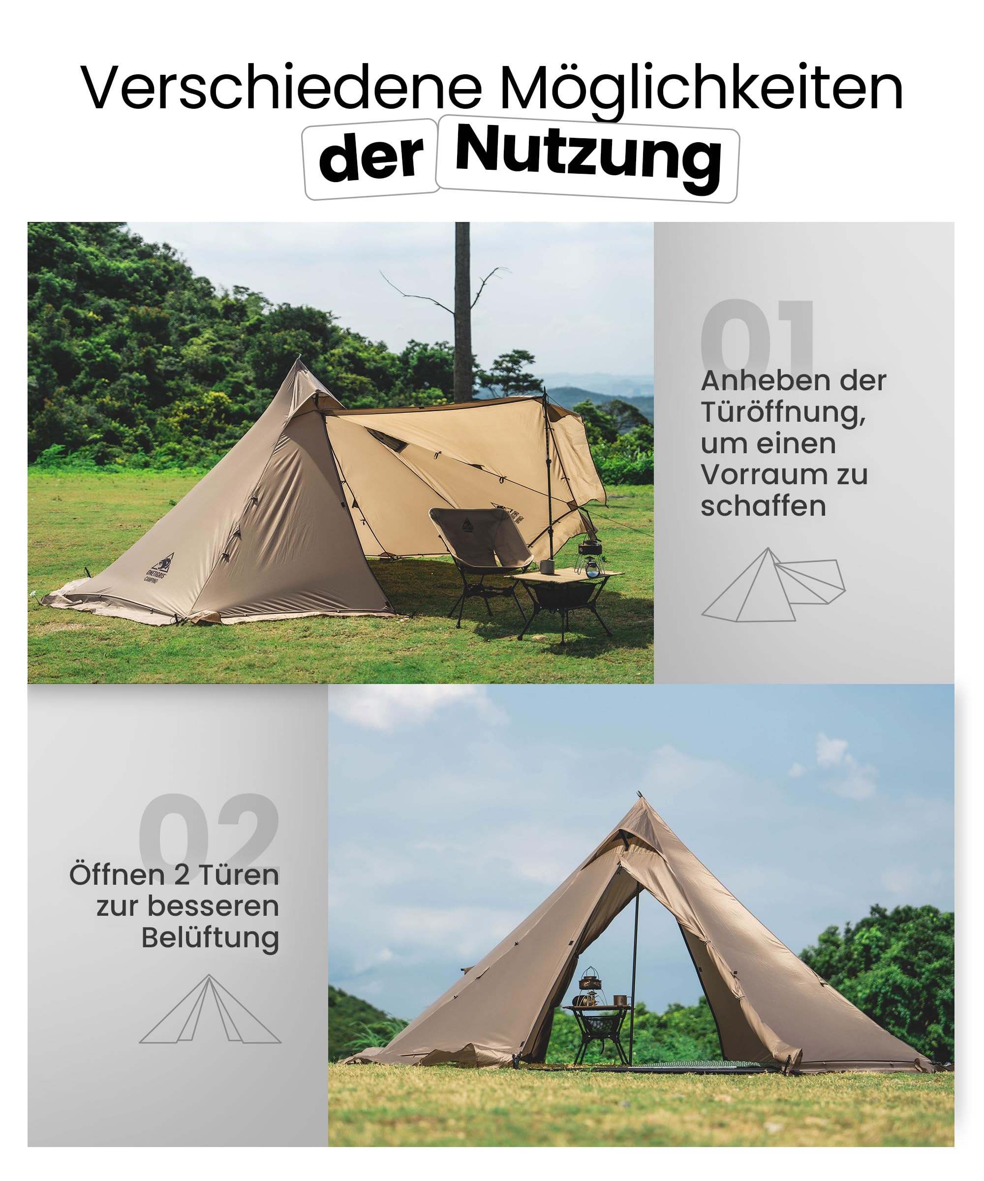 OneTigris Smokey Hut ultralekki namiot dla 2 osób, 4 pory roku, namiot tipi outdoorowy wodoszczelny 3000 mm, ciepły namiot z otworem na komin i spódnicą śnieżną, na kemping, wędrówki, do wędrówek z