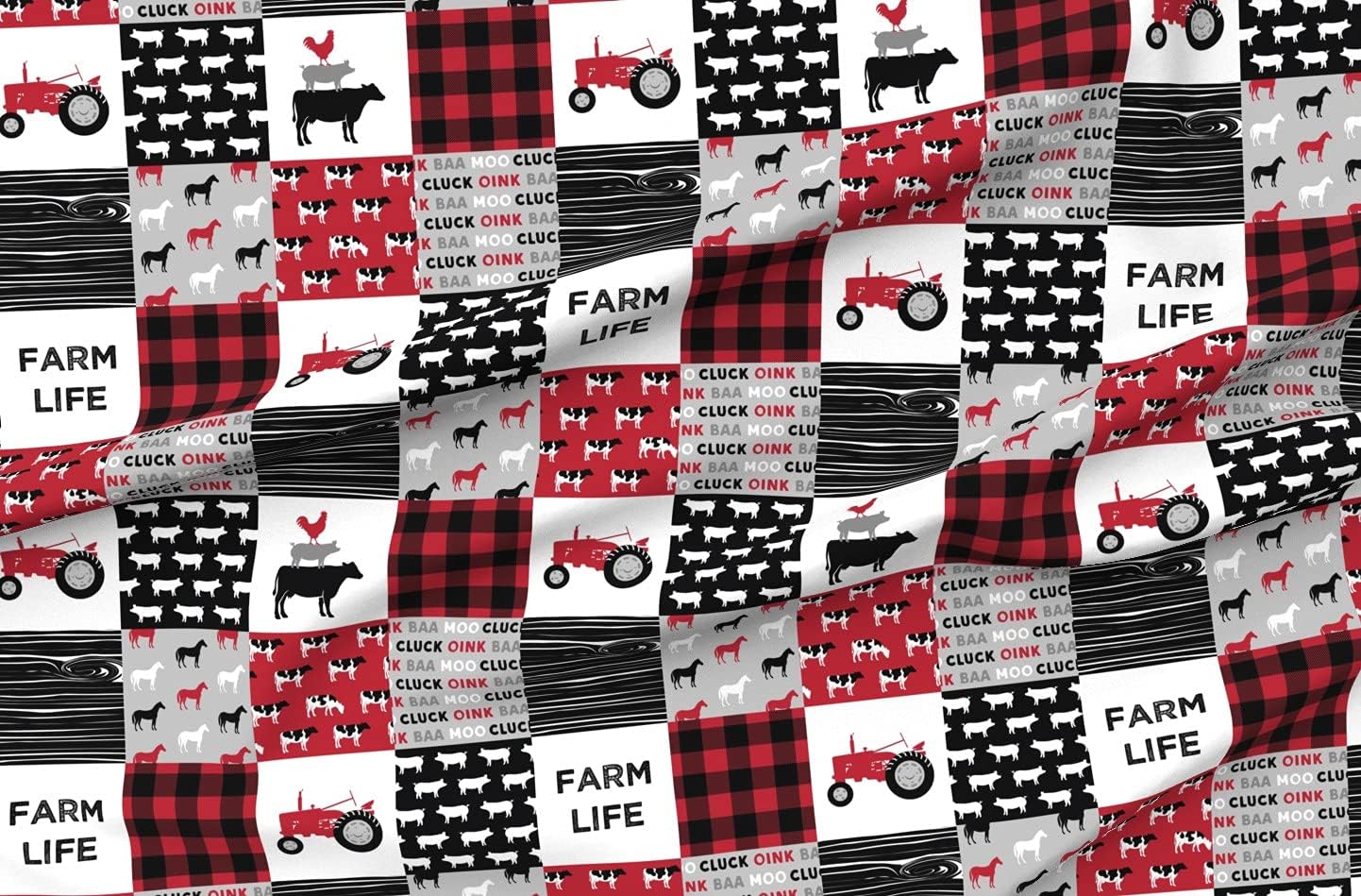 Spoonflower Fabric - Farm Life Farming Nursery Patchwork Cow Tractor Woodgrain Black Red Printed on Organic Cotton Sateen Fabric by The Yard - Sewing Quilting Apparel Home Decor