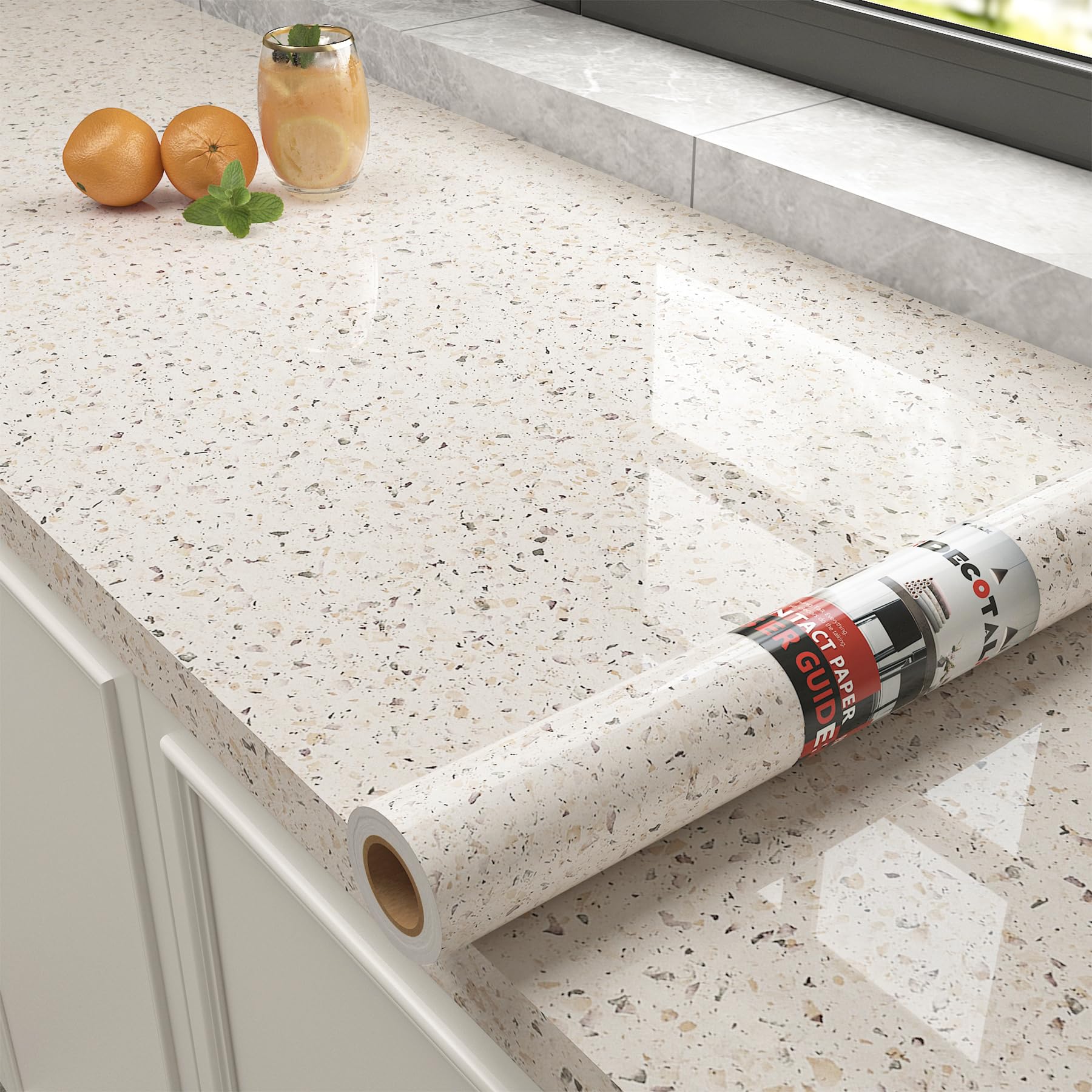 Decotalk Papel de contacto grande de granito beige de 35 x 120 pulgadas para encimeras, papel de contacto de granito beige impermeable para encimeras, papel tapiz de granito beige para encimera de