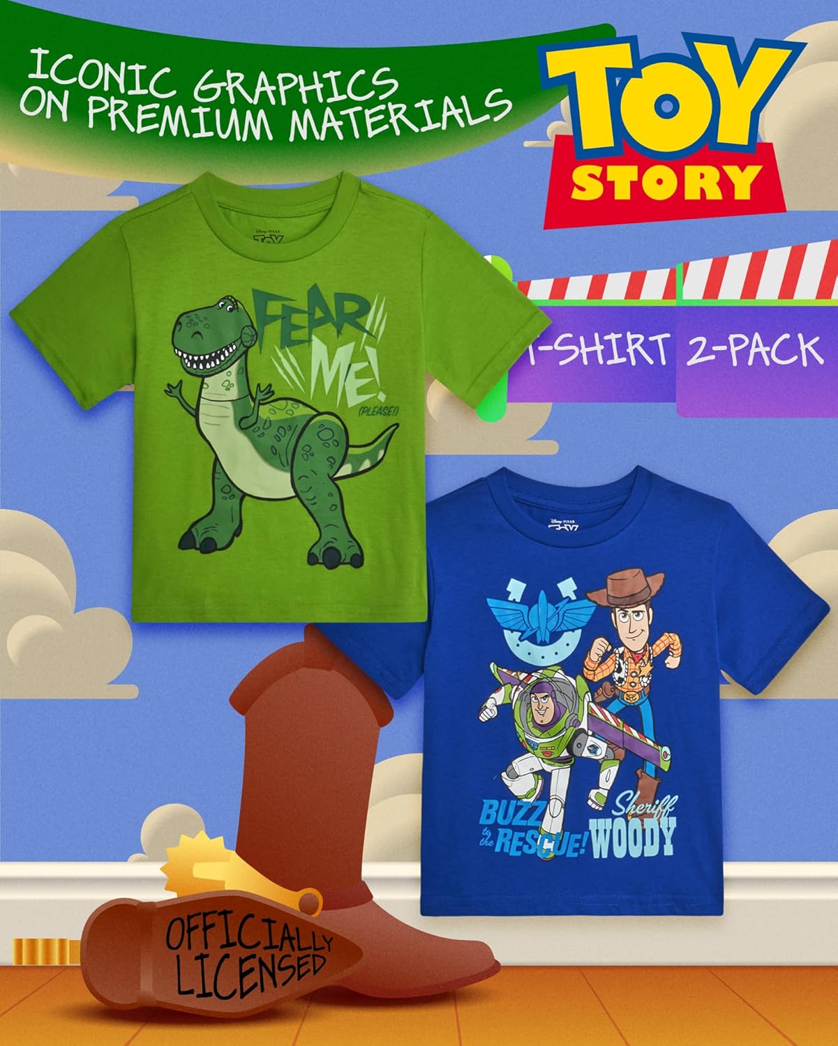 Disney Toy Story Boys Shirts - 2 Pack Buzz Lightyear Woody Rex Long & Short Sleeve Boys Graphic Tees for Toddler Kids (2T-7) - Image 2