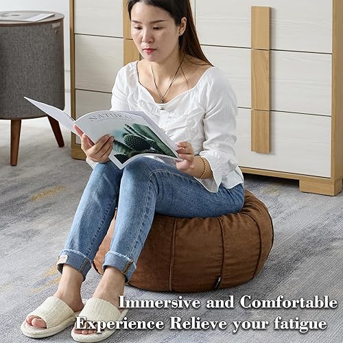 Miniatura 17 de Louis Donné Funda otomana marroquí sin relleno de 21 pulgadas, taburete de cuero sintético hecho a mano, funda redonda de almacenamiento, decoración