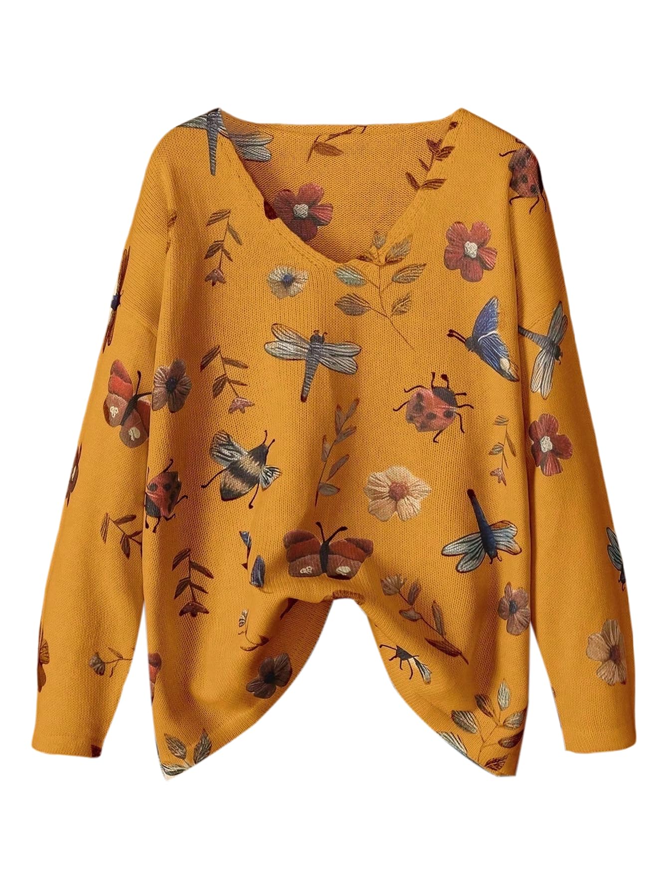 WDIRARA Womens Plus Size Floral Sweaters Vintage V Neck Long Sleeve Pullover Knit Tops