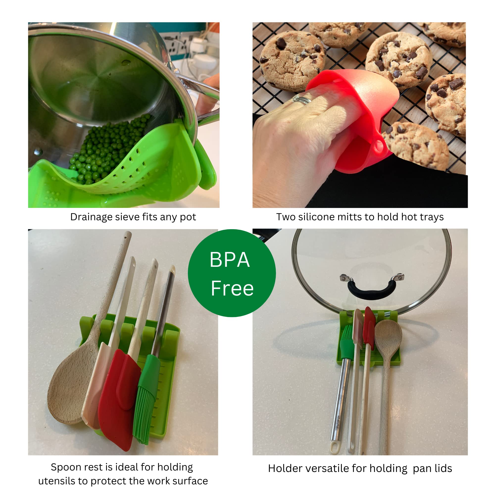 Juego de 10 coladores de cocina telescópicos plegables de silicona con asas, cuenco plegable, escurridor de clip, reposacucharas, 3 cucharas, prensapuré, guantes de silicona resistentes al calor