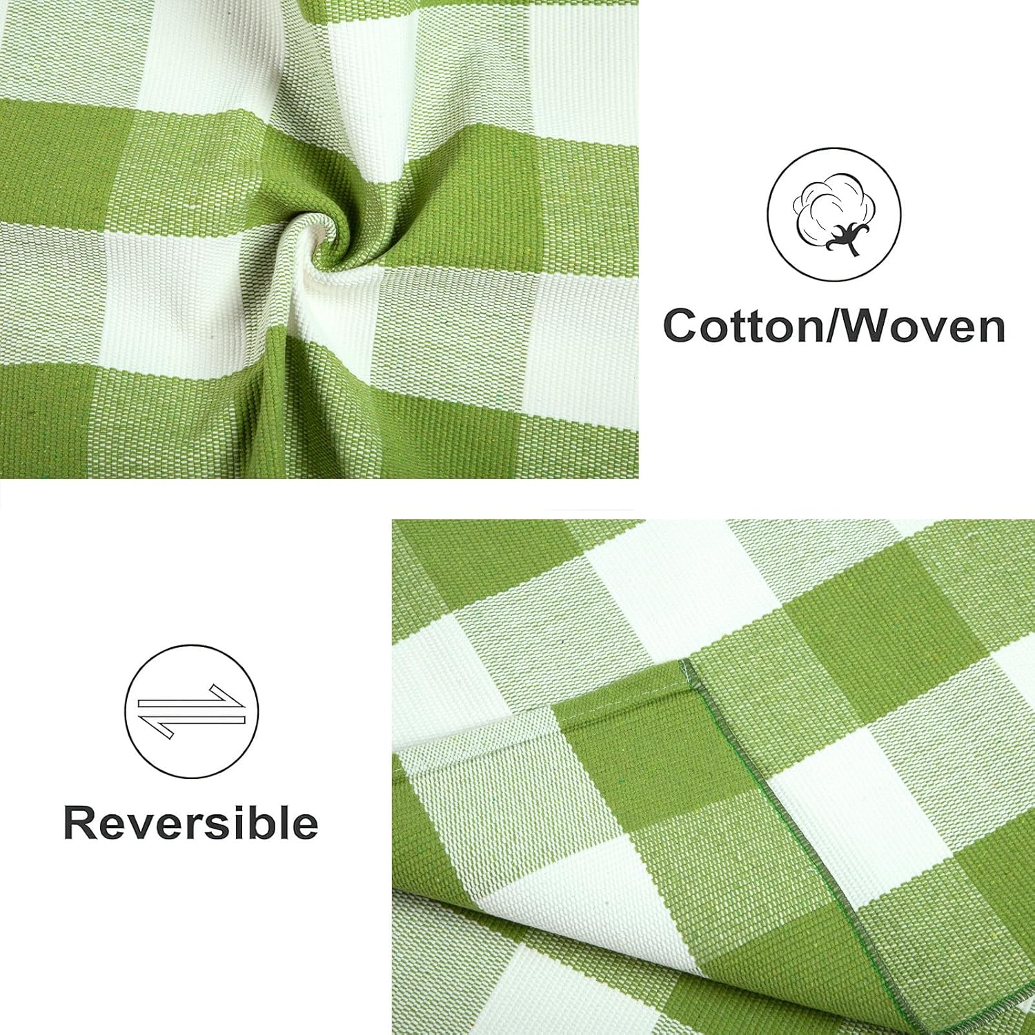 Green and White Outdoor Rug 3'X 5' Buffalo Checked Porch Rug Cotton Woven Machine Washable Layering Door Mat for Welcome Door Mat Porch Entryway Bedroom Living Room