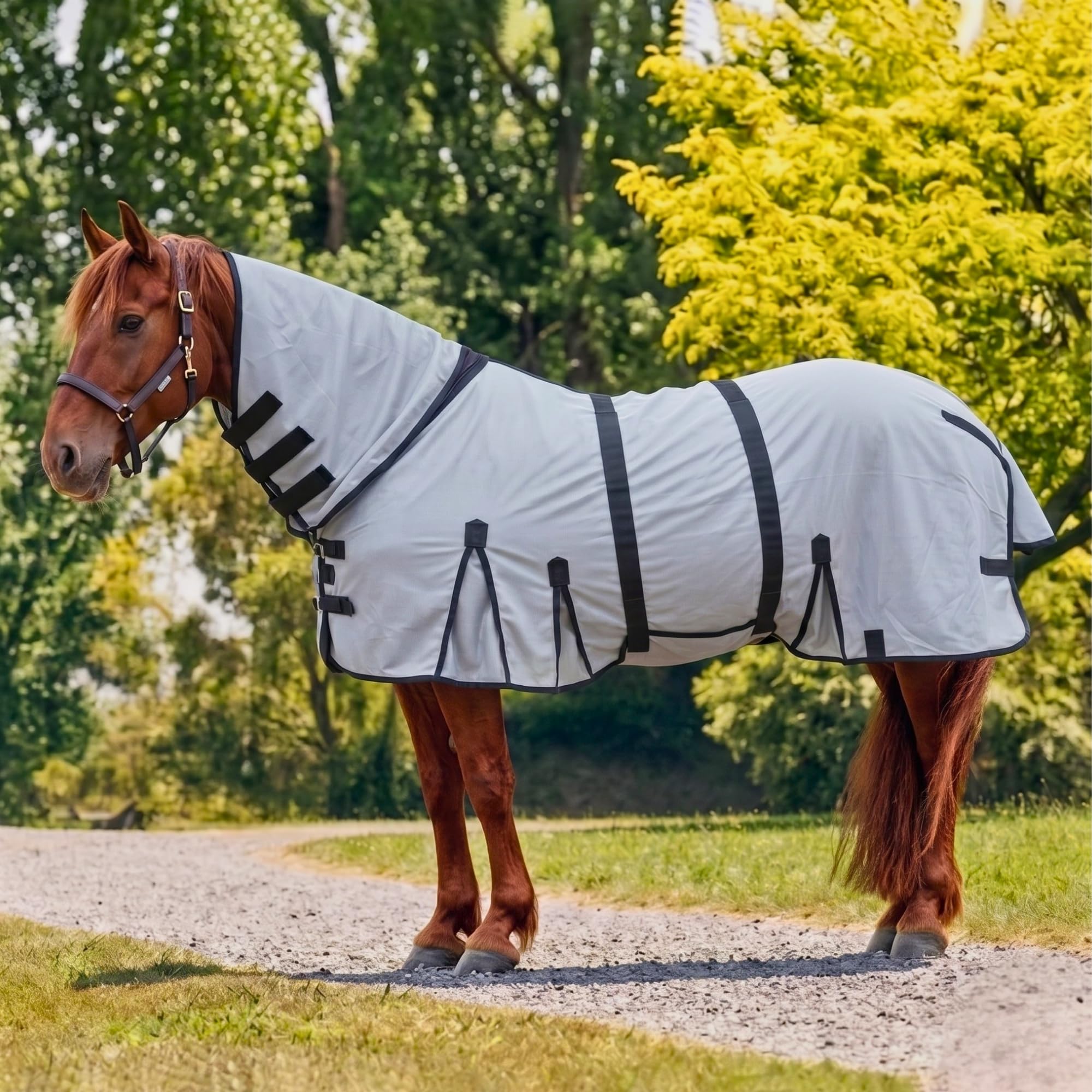 Horse Fly Sheet with Attached Neck Cover &amp; Tail Flap | UV Protection Mesh Horse Blanket, Full Body Bug &amp; Sun Shield, Buckles, Belly Wrap &amp; Gussets for Spring Summer Riding Rug (Silver, 80")