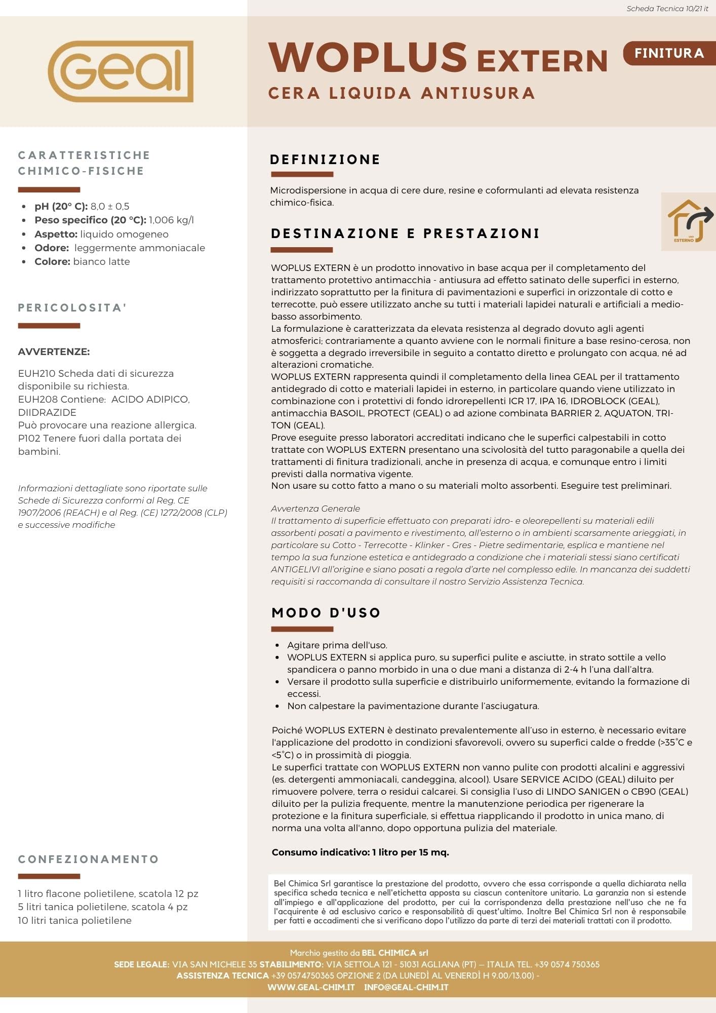 GEAL WOPLUS EXTERN. Cera liquida antiusura, protettiva e antimacchia. Specifica per esterni. 1 Litro