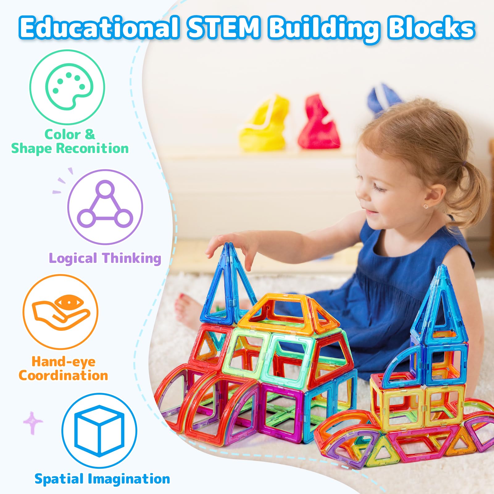 ECHOCUBE Magnetic Tiles for Kids 116PC Set, Construction Building Tiles, STEM Building Toys with Vibrant Colors - Image 2