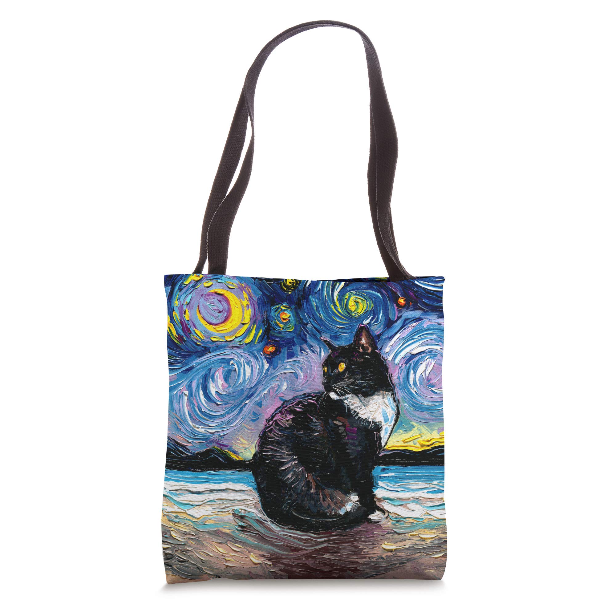Sagittarius GalleryTuxedo Cat on Beach Starry Night Impressionist Art by Aja Tote Bag
