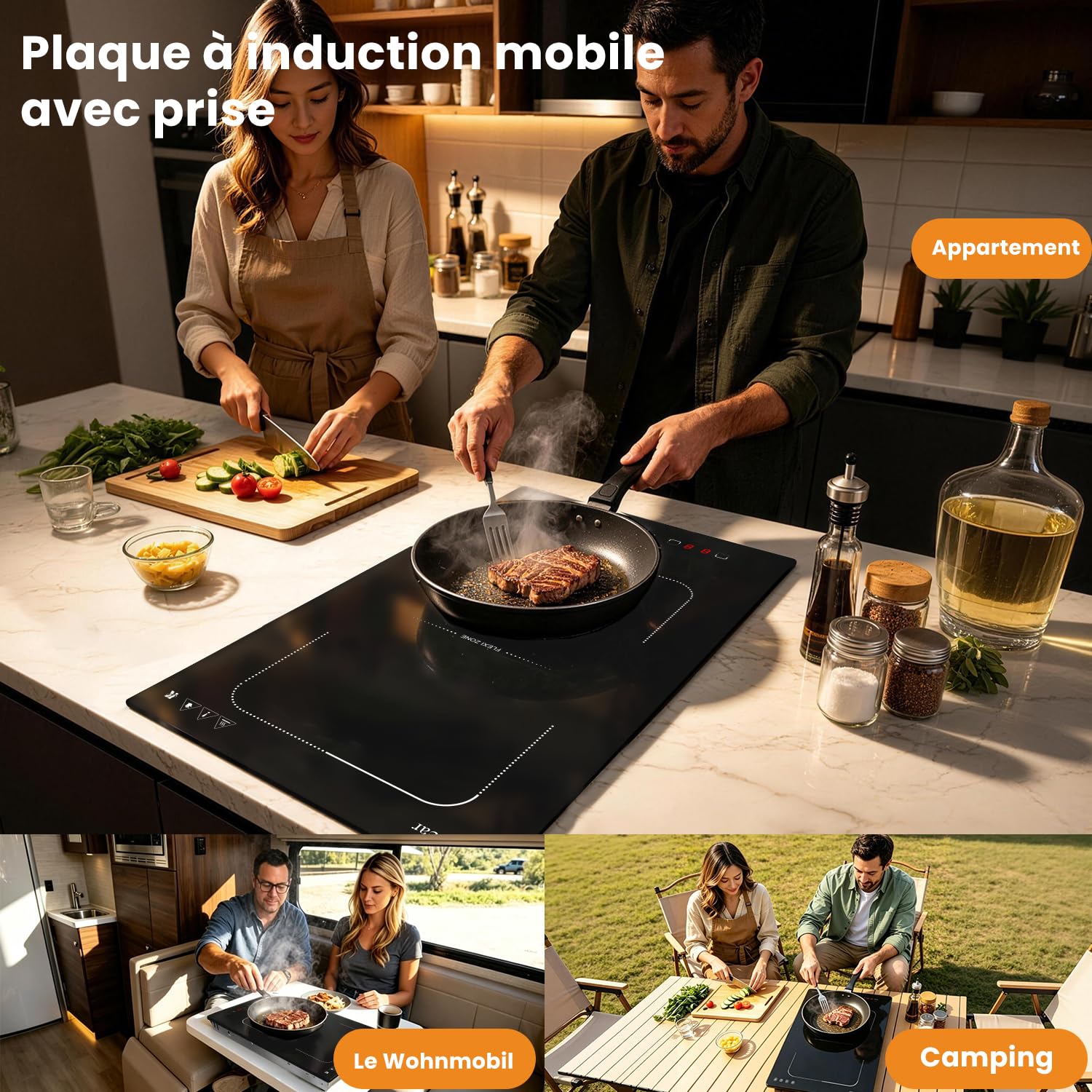 Karinear Plaque à Induction 2 Feux avec Prise, Table de Cuisson Induction Encastrable 30CM avec Zone Flexible, Commande Tactile, Minuteur, Fonction Pause, Verrouillage de Sécurité, 3500W, 220V