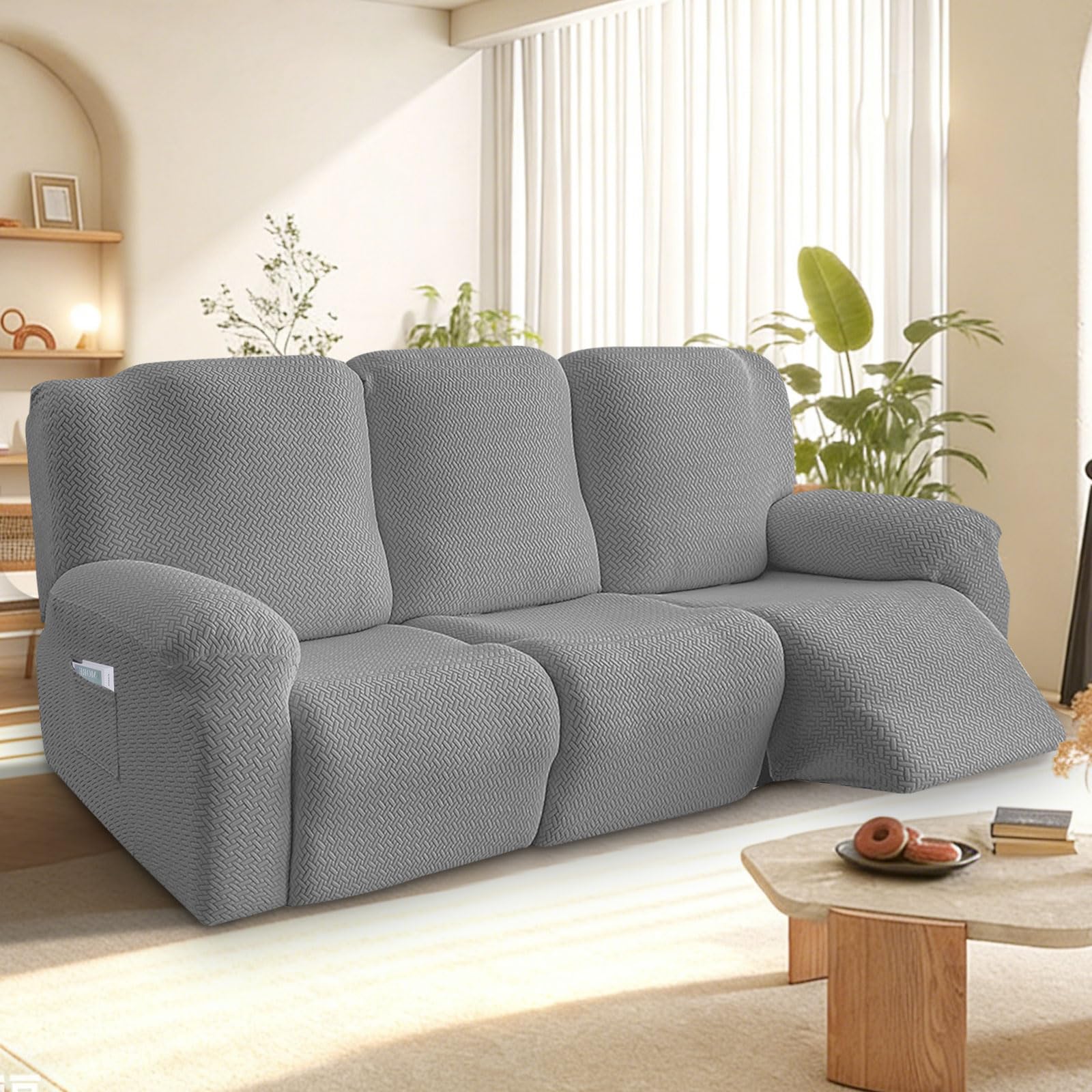 Bocguy Stretch Recliner Chair Cover, 8-Pieces Recliner Armchair Covers for Living Room Reclining Chair Slipcover with Side Pocket, High Spandex Slipcover/Lounge Cover, Slip Resistant