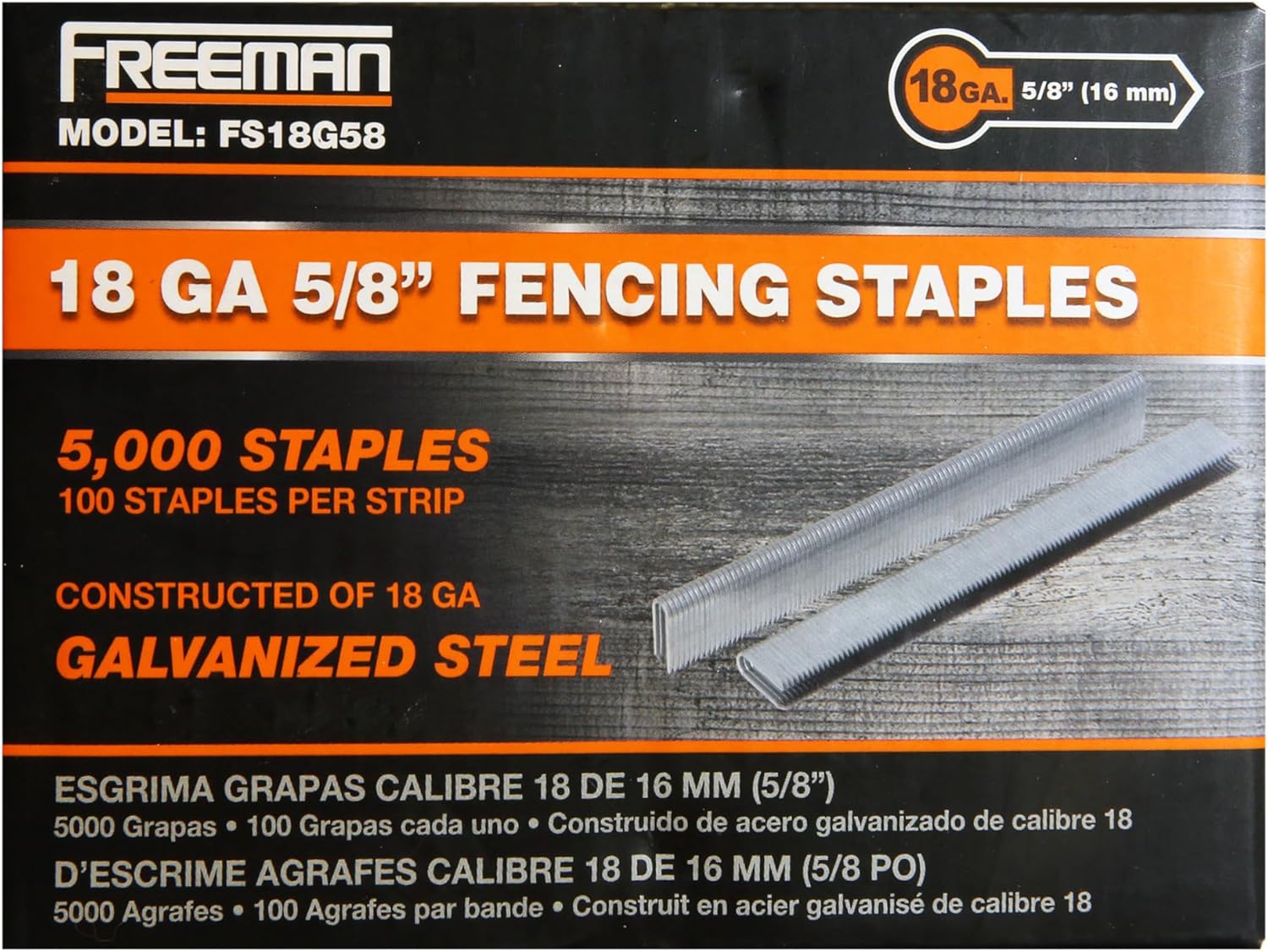 Freeman 18-Gauge 5/8" Fencing Staples | Glue Collated | Galvanized Steel | 5,000 Count | for Mesh, Trellising, Pet Enclosures, Snow Fencing & Livestock | Compatible with Freeman PFS18 | FS18G58