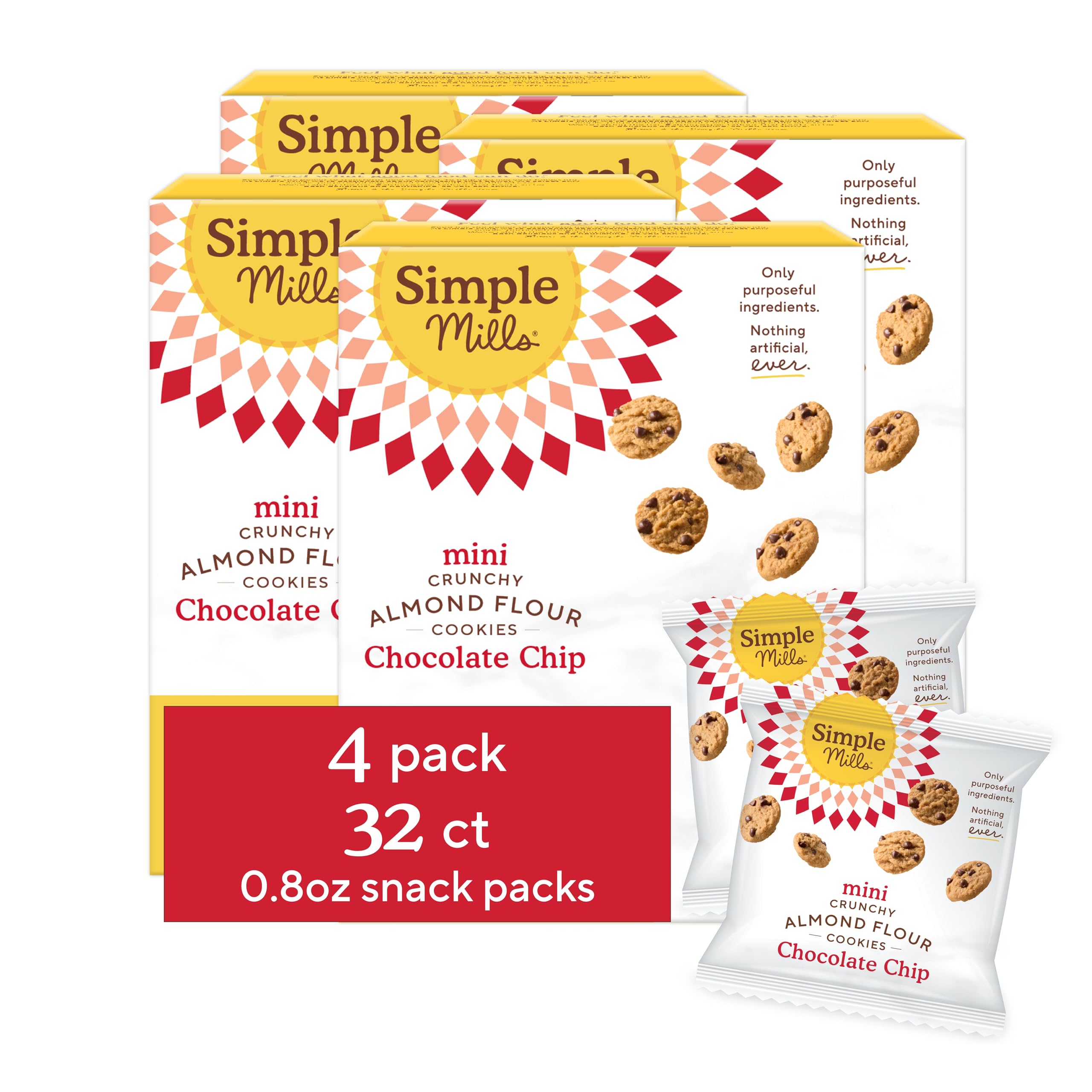 Simple Mills Mini Crunchy Cookie Snack Pack, Choc Chip, 4pk, 32ct, 0.8oz