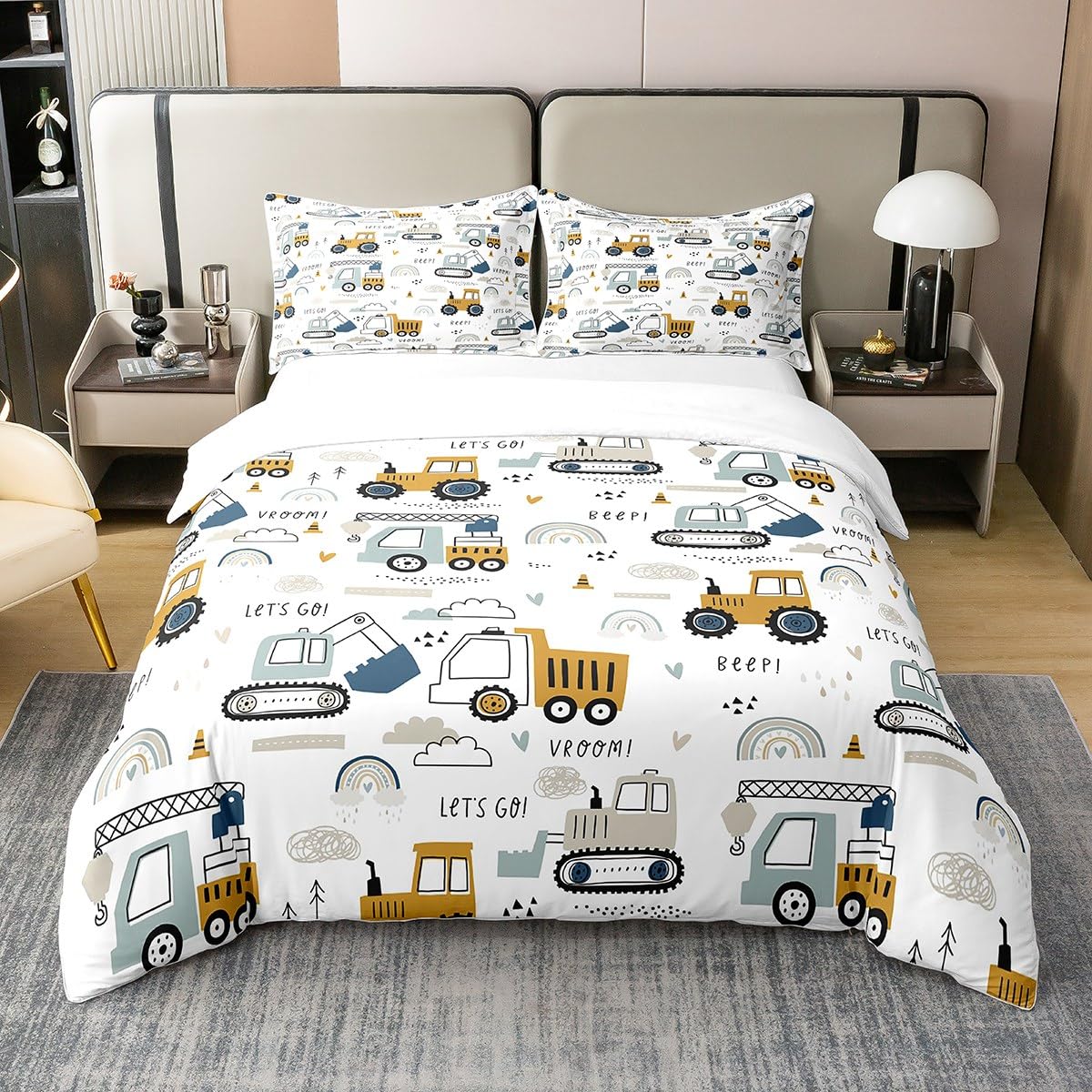 richhome100% Nature Boys Blue Excavator Duvet Cover,Cartoon Truck Crane  Tractor Cute Yellow Cars Bedding Set for Bedroom,Construction Vehicle Hearts
