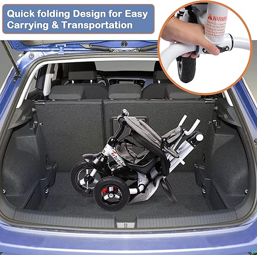 Miniatura 7 de TOLEAD Triciclo plegable 4 en 1 con mango ajustable, toldo extraíble, placa de pie retráctil, almacenamiento, arnés de seguridad y frenos de rueda,