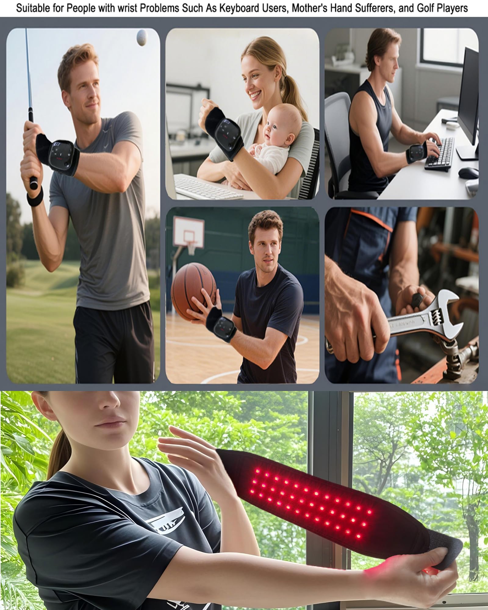 Pulsera de terapia de luz roja con calor y masaje, 36 luces LED, 5 niveles de masaje y 3 ajustes de calor, diseño portátil recargable (1 unidad, negro)