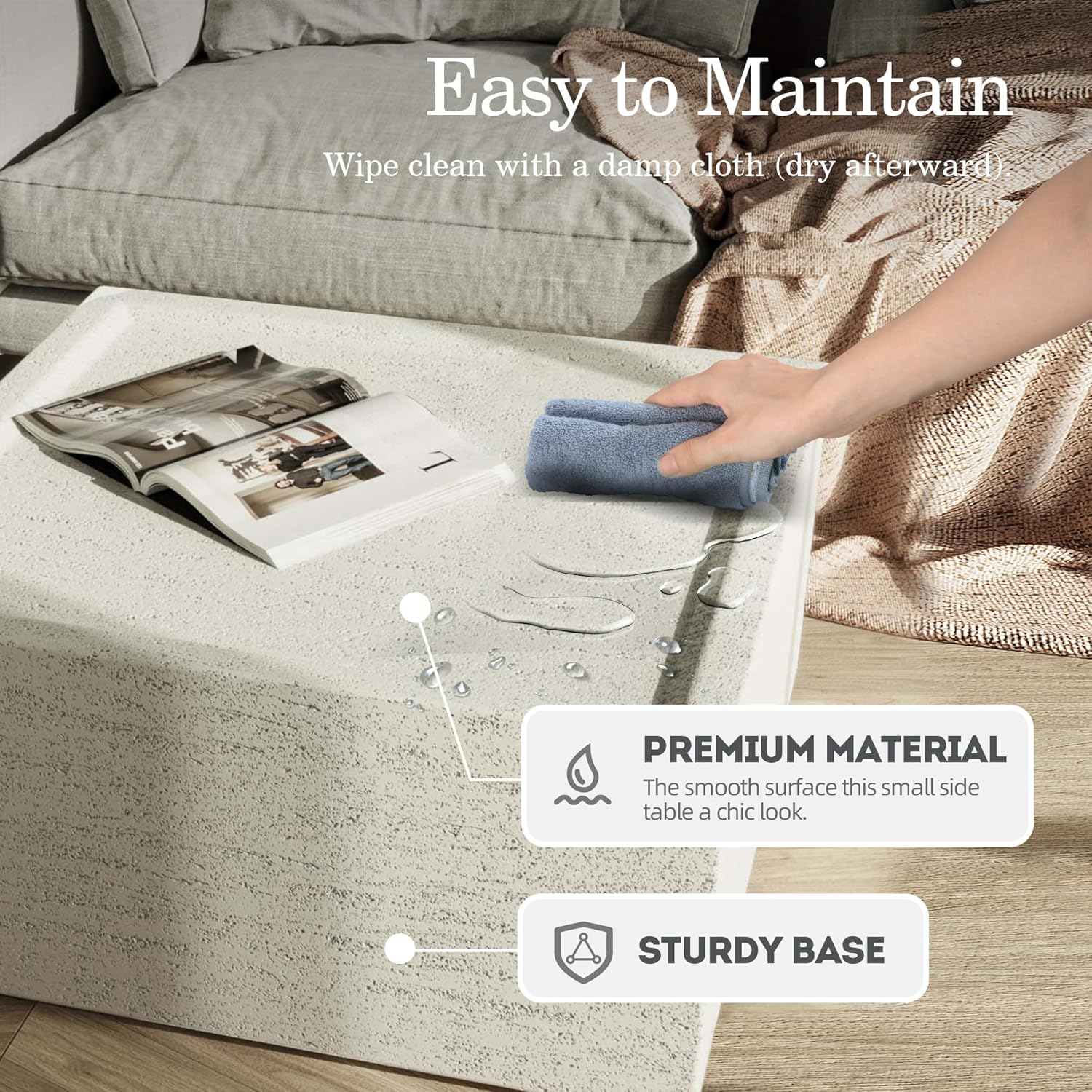 Patio Watcher 28" Modern Square Coffee Table, Light Concrete Textured Center Table for Living Room, Stone Accent Coffee Tea Table for Apartment, 28"×28"×13", No Assembly, Off-White