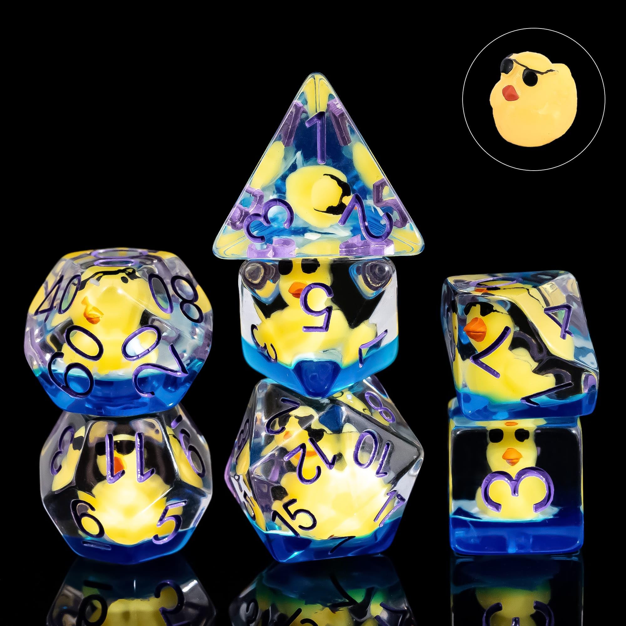 Cusdie DND Dice Set, 7-Piece Transparent Resin Dice with Sunglass-Wearing Duck Design