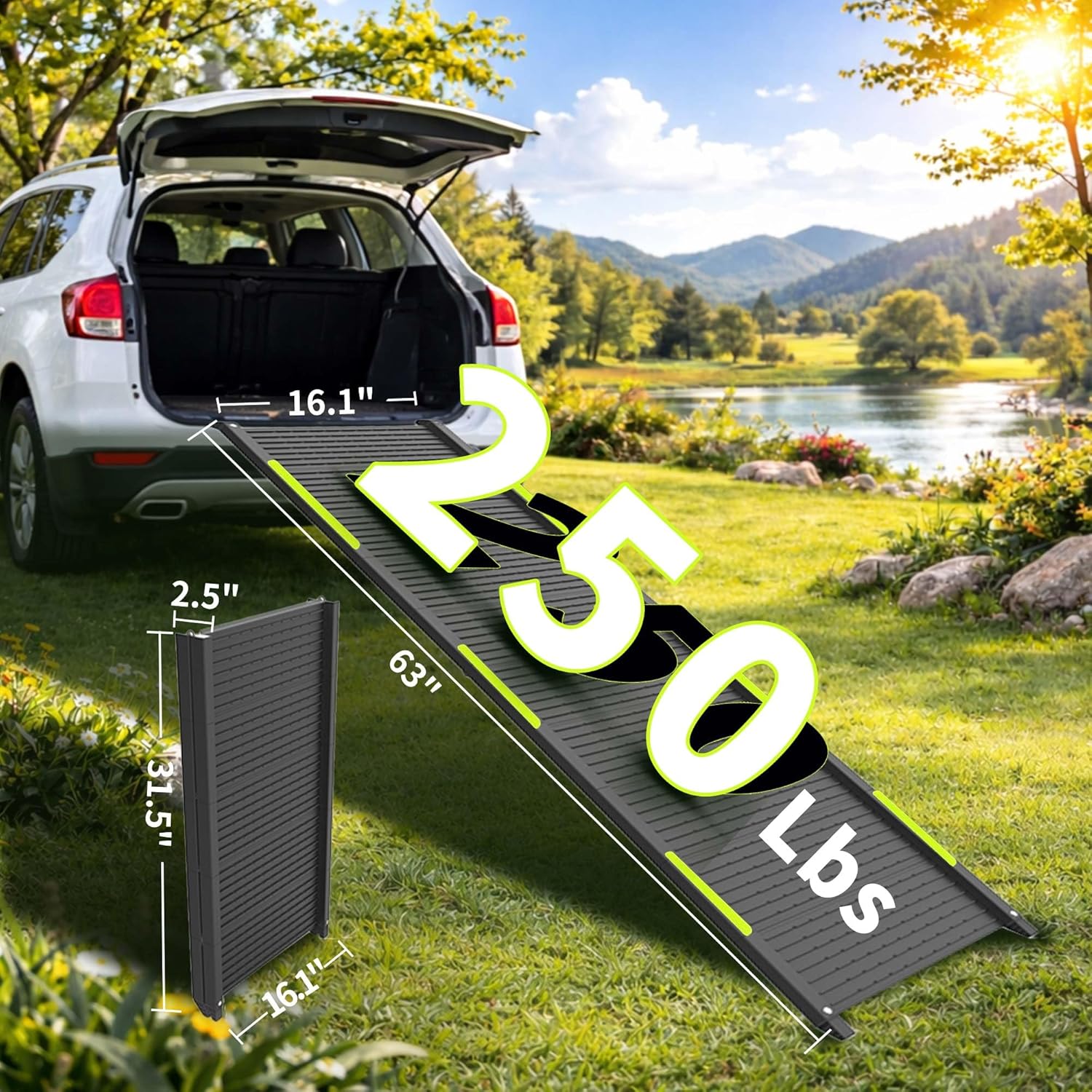 Dog Ramp for Car, Non-Slip & Easy to Clean Textured Surface, 63 Inch 2-Fold Lightweight 14.68 Lbs Pet Ramp for Medium & Large Dogs, Portable Pet Stairs for SUV Side Door, Folding Pet Steps 250 LBS