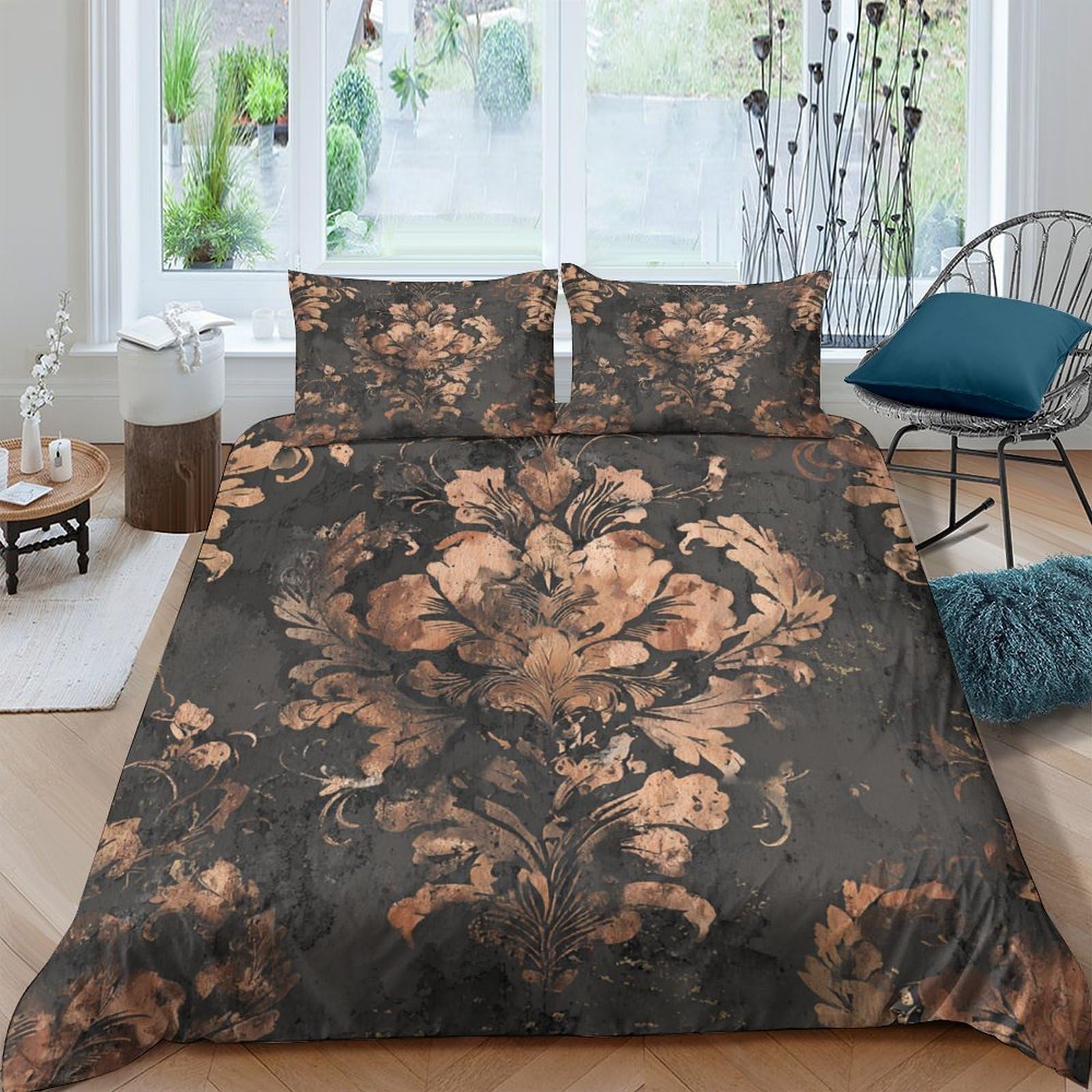 Ctjqhvkz Style-1 3D Printed Vintage Floral Fitted Sheet Microfiber Soft Brown Baroque Bed Cover For Bedroom Guest Room Decor Single（135X200cm）