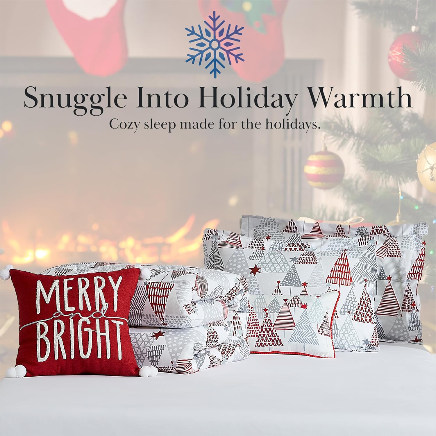 Southshore Fine Living, Inc. 6-Piece Christmas Comforter Set Queen, Reversible Christmas Bedding, Winter Comforter Queen/Full, 3 Throw Pillows, 2 Shams, Holiday Bedding, Red & Grey, Merry & Bright