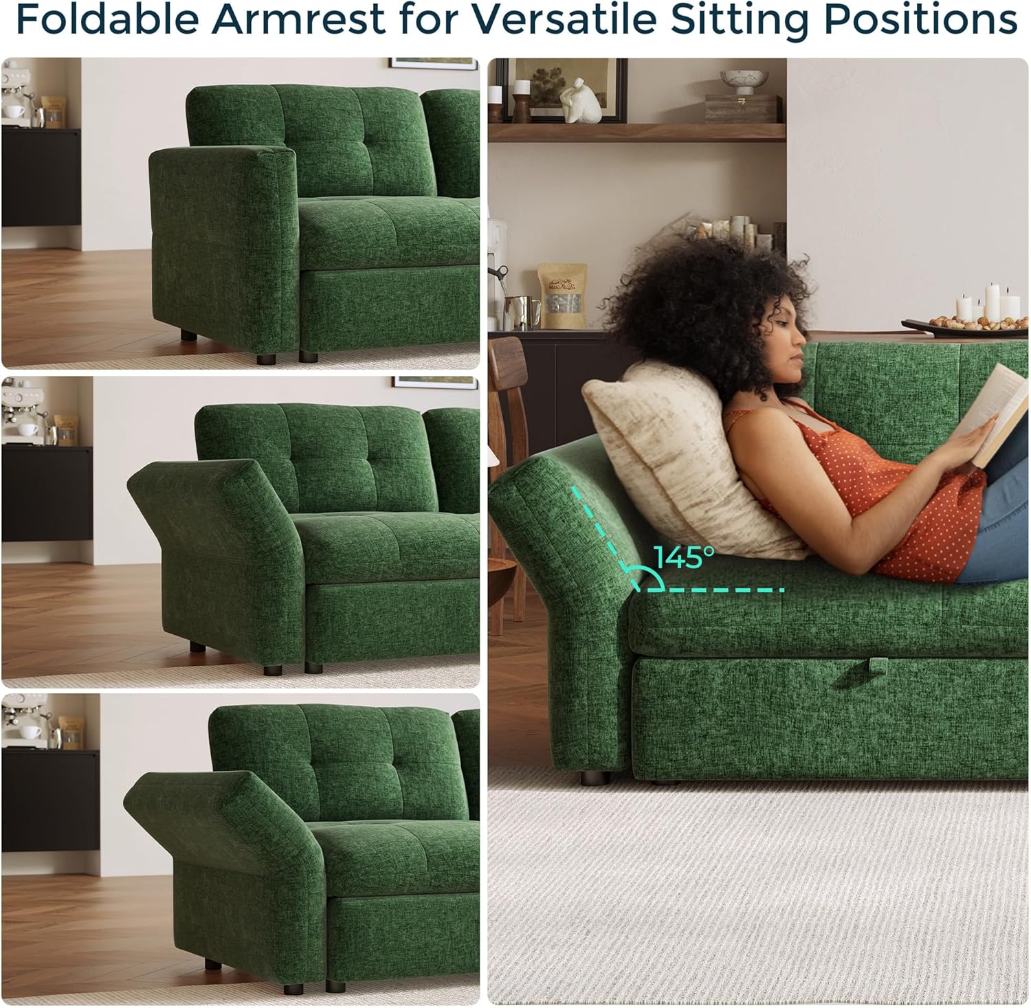 152" Oversized Sectional Sleeper Sofa with Pull Out Bed and Storage Chaise, Convertible Sofa Bed with Memory Foam Topper, Comfy U Shaped Modular Couches for Living Room Apartment Dorm Room, Green