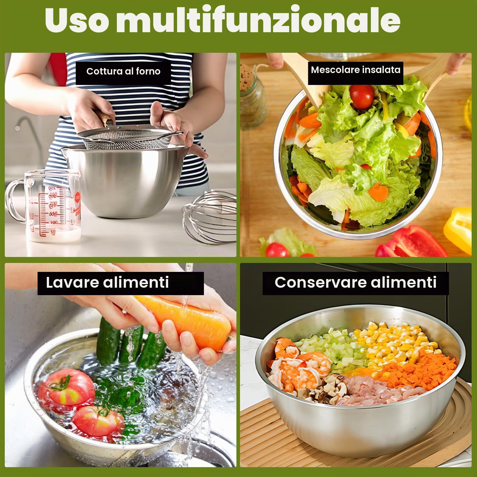 Gucass Set da 5 ciotole acciaio inox cucina (0,7 L / 1,2 L / 1,8 L / 2,5 L / 3,5 L), ciotole cucina impilabili, insalatiera acciaio inox lavabili in lavastoviglie – per insalata, impasti, dolci
