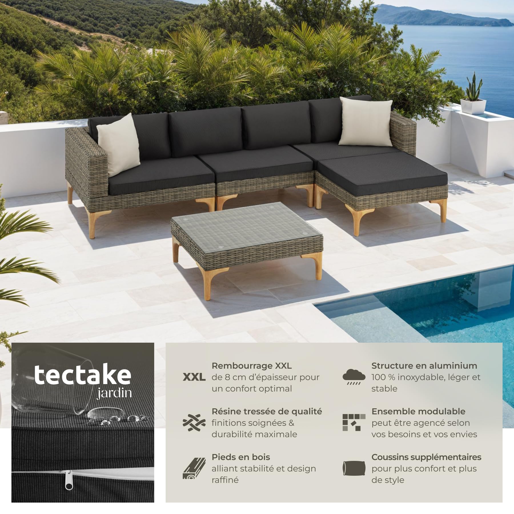 tectake® Ensemble Salon de Jardin Exterieur en Poly Rotin Modulable Bain de Soleil 4 Places 1 Canapé 1 Tabouret Pouf et 1 Table de Jardin, Mobilier de Jardin pour Amenagement Balcon Terrasse Veranda