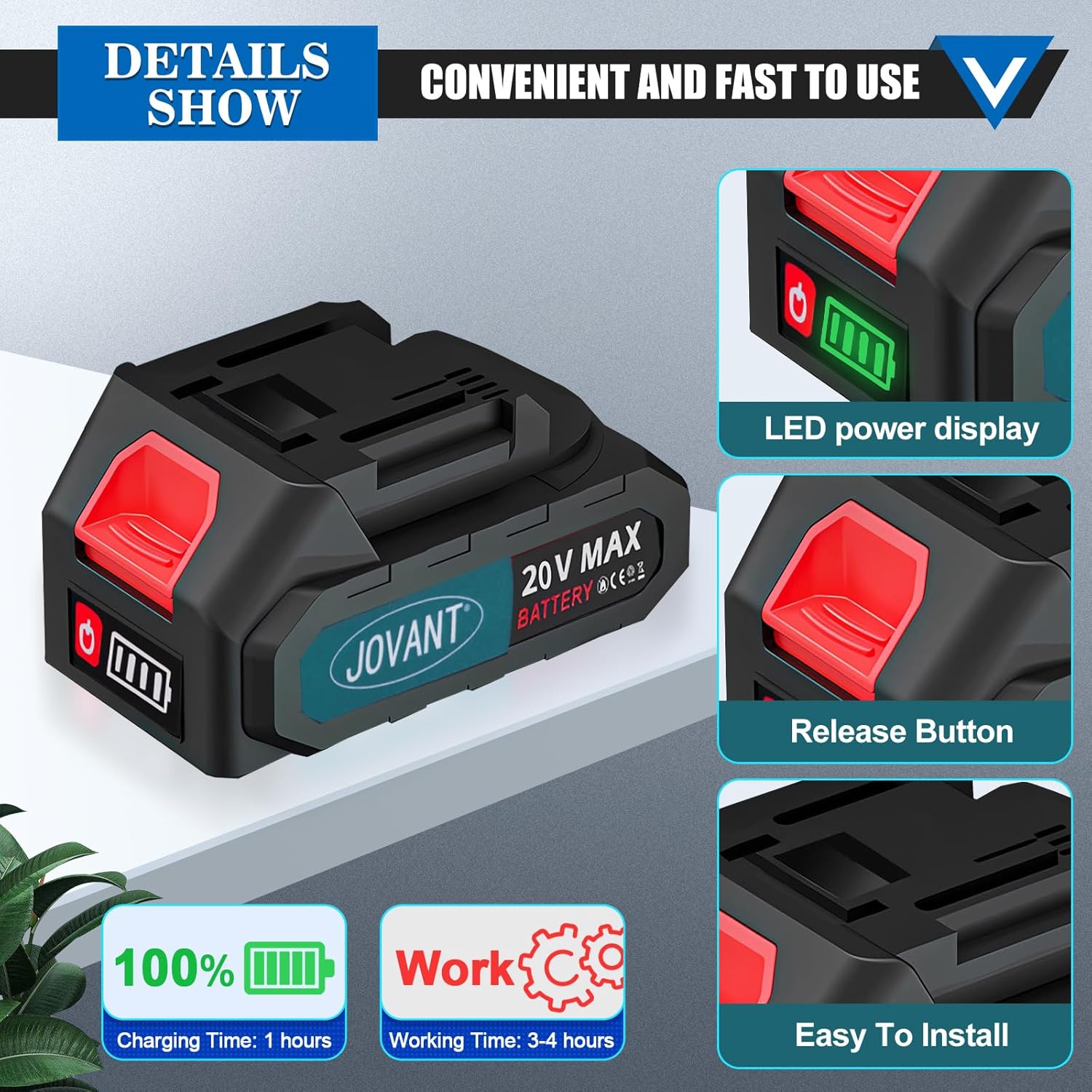 jovant 20V battery with LED power display and release button